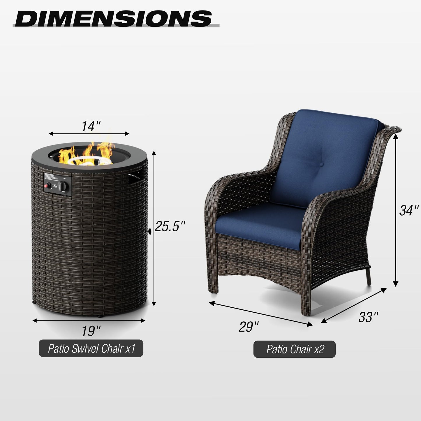 Joyside Patio Furniture Set with Fire Pit Table, 3 Piece Outdoor Wicker Conversation Sets with High Back, Thickened Cushions, Rattan Sectional for Porch, Lawn Use (Red)