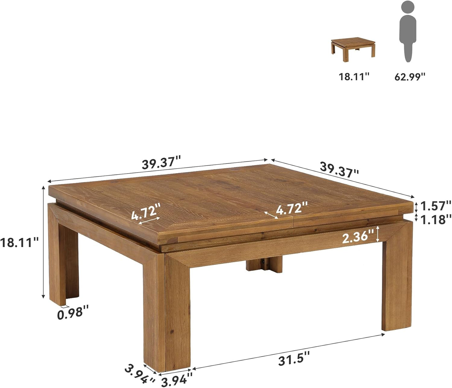 Solid Wood Square Coffee Table, 39.4" x 39.4" Farmhouse Cocktail Center Table with Recessed Edge Design, Easy Assembly, Living Room, Natural Brown