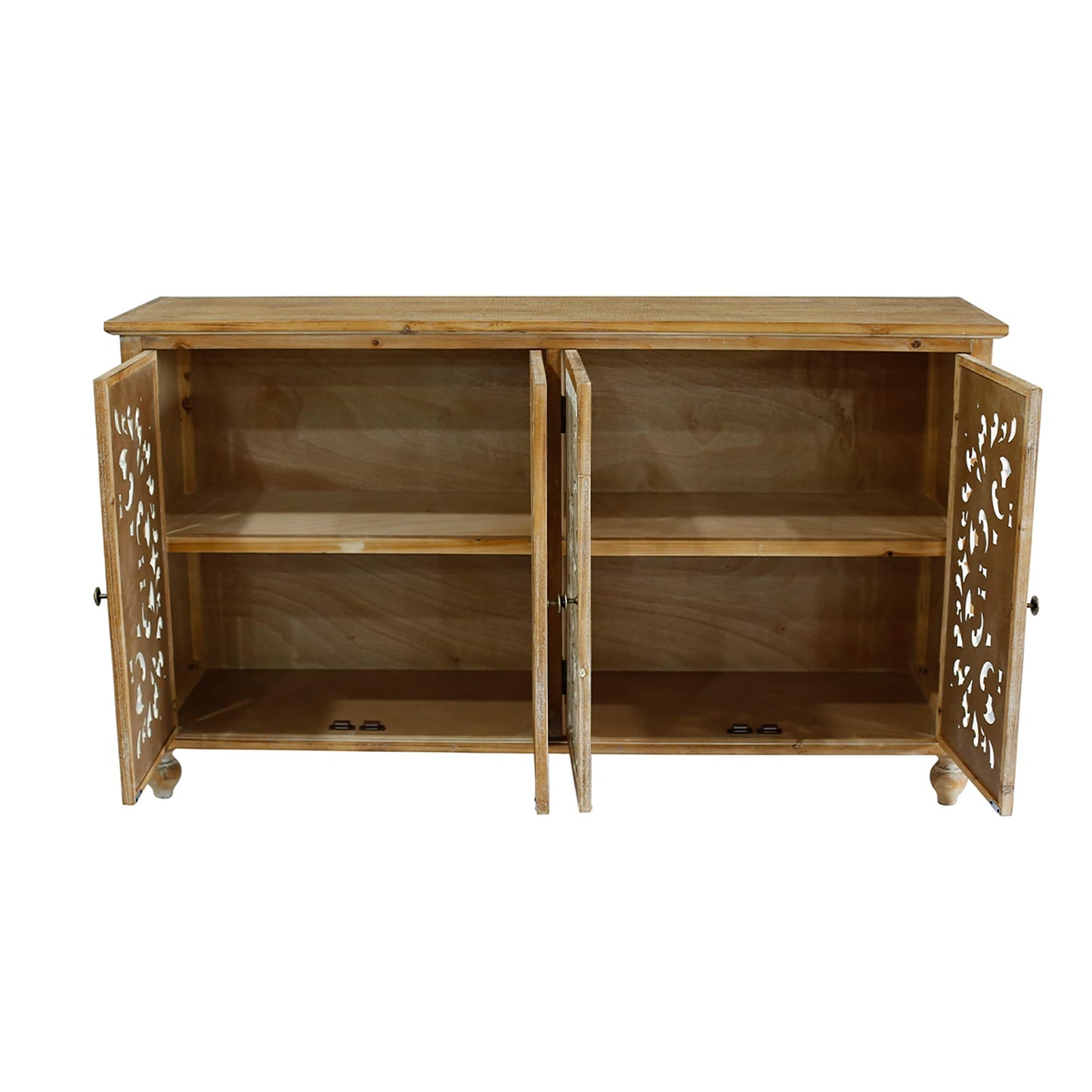 LKTART 60" Farmhouse Sideboard Buffet,Solid Fir Wood Frame with Hollowed-Out Carved Doors,Hand-Distressed Design,Versatile Storage Cabinet for Kitchen, Living Room,Natural Wood