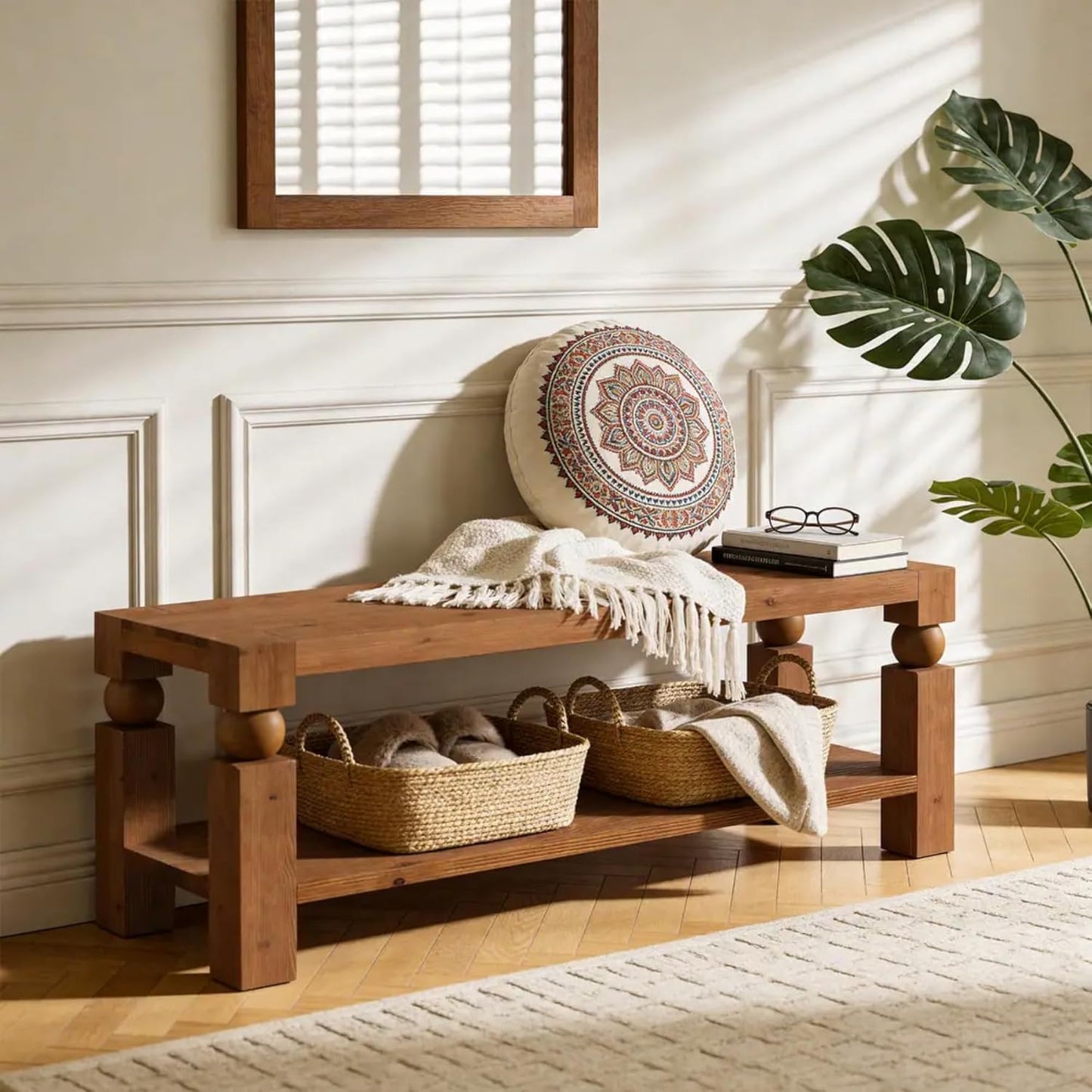 47-Inch Entryway Bench with Shoe Storage, Solid Wood Shoe Rack Bench, Narrow Storage Bench, Long Rustic Wood Bench for Indoor, Bedroom, Hallway, Living Room (Brown)