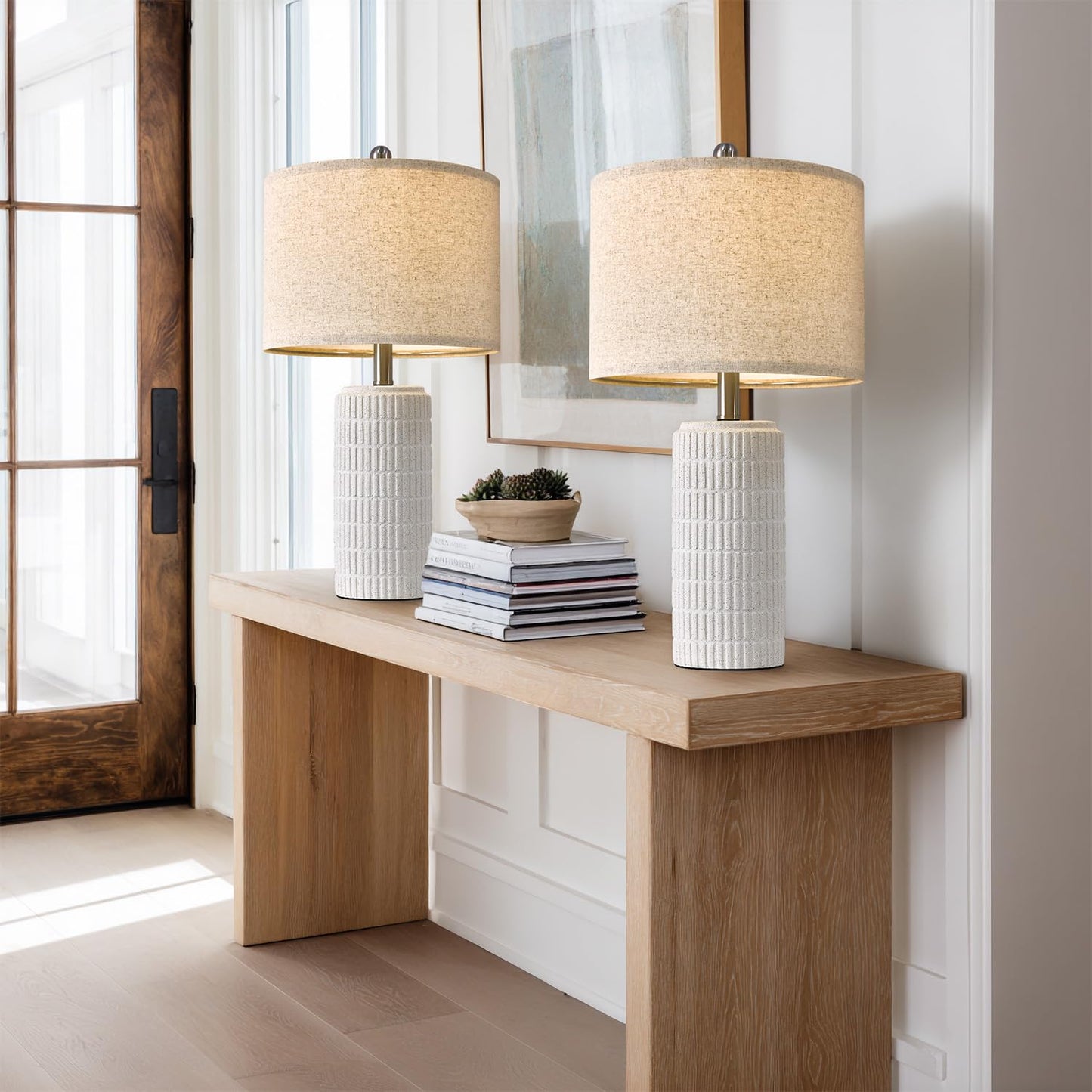PoKat 20.75" Small Modern Ceramic Table Lamps Set of 2 for Bedroom, White Bedside Lamps for Night Stands, Farmhouse Desk Decor Gift Nightstand Table Lamps for Living Room End Table Beige