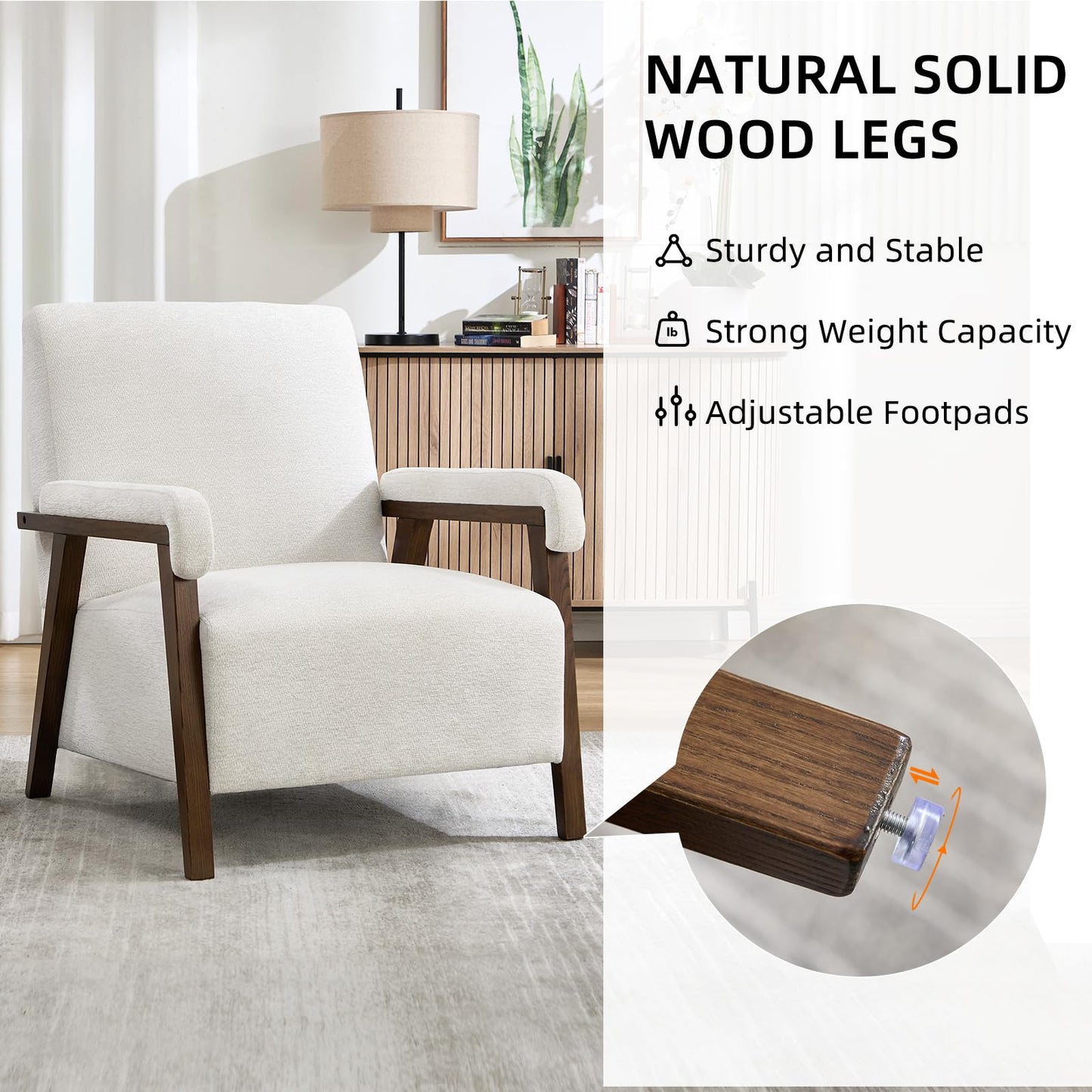 IOMOR Mid Century Modern Accent Chair, Upholstered Armchair with Thick Seat Cushion and Solid Wood Frame, Thick and Comfy Seat Cushion, Short Plush Fabric Arm Chair for Living Room(1,White)