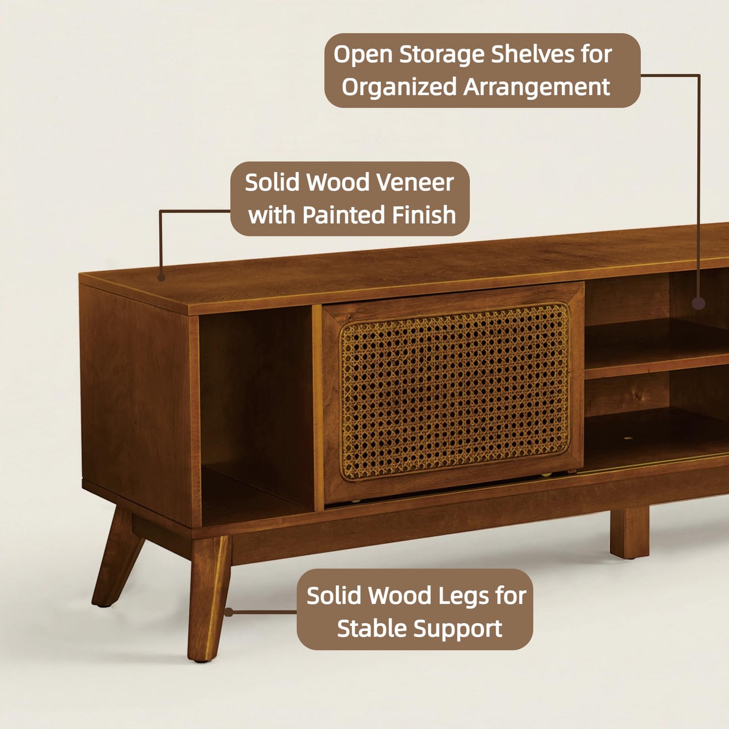 LKTART Mid Century Modern Rattan TV Stand for 65 Inch TV,59" Boho Media Console with Sliding Doors & Open Shelves,Solid Wood Legs for Living Room,Light Walnut
