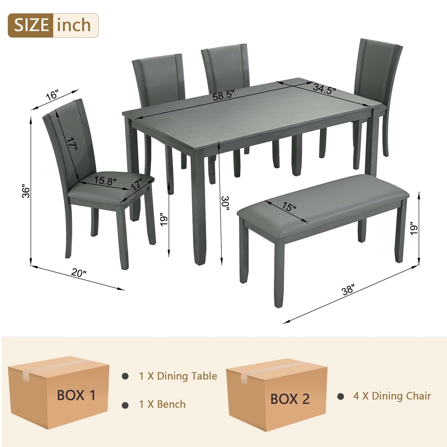 LKTART 6 Piece Kitchen Dining Set, 58.5" Rectangular Wooden Dinner Table with 4 Upholstered Chairs and a Bench for Living Room, Home Bar and Kitchen, Walnut