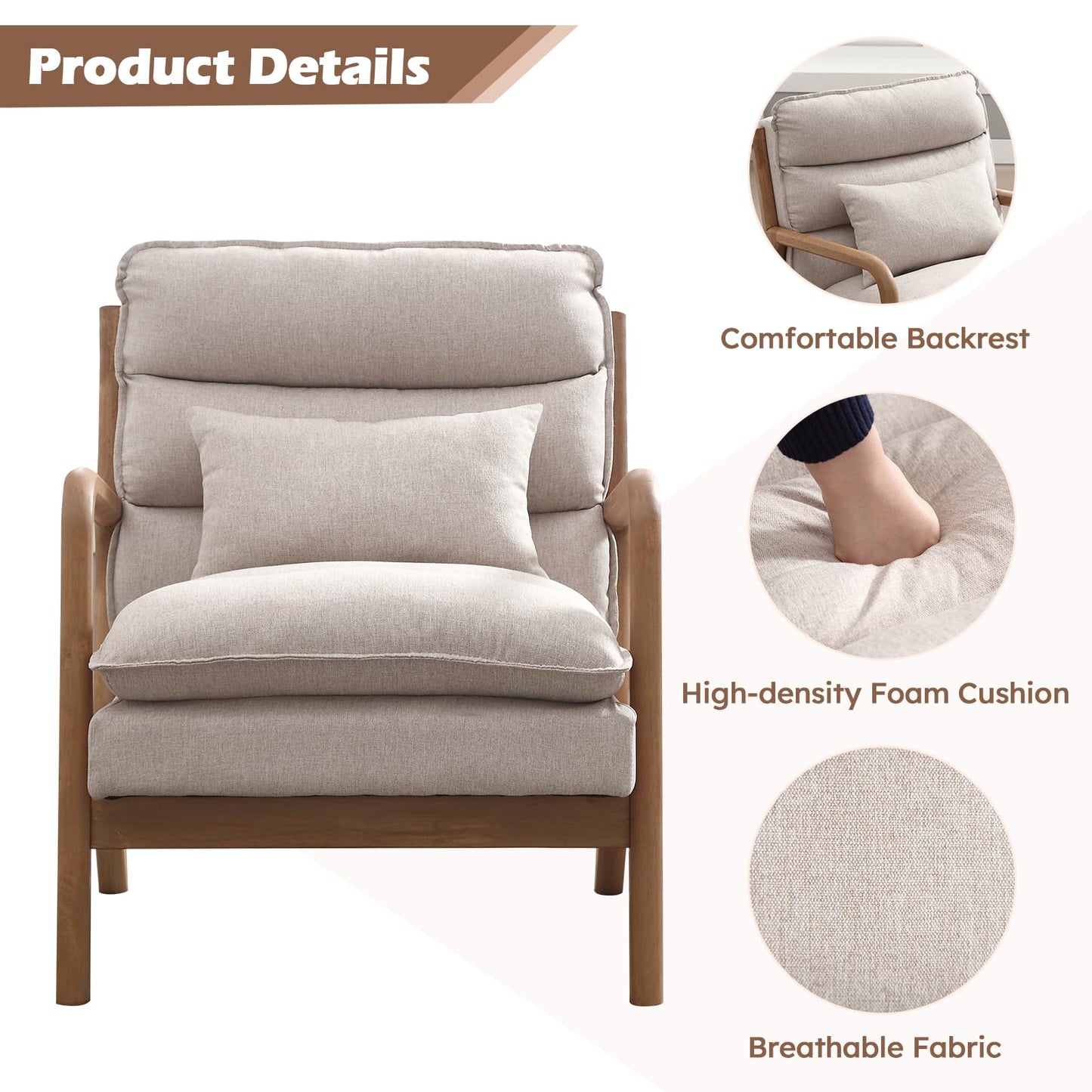 IOMOR Mid Century Modern Accent Chair, Upholstered Lounge Armchair with Plump Back Pillow, Comfy Reading Chair with Solid Wood Frame for Bedroom Living Room, Brown