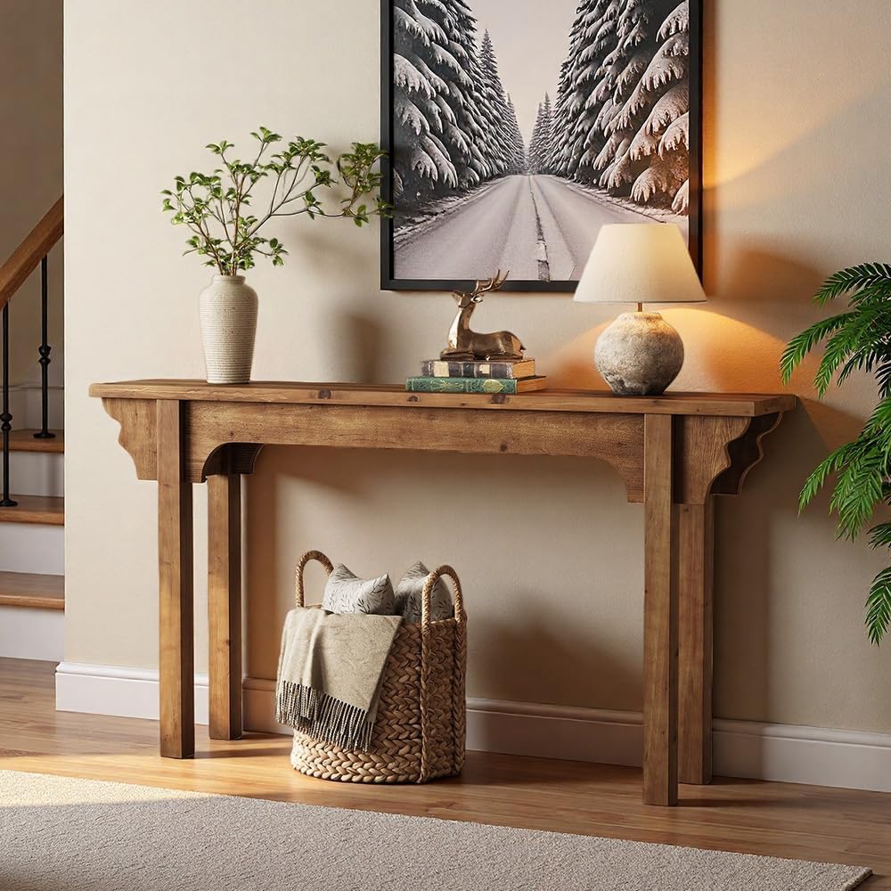 63" Solid Wood Console Table, Mid-Century Modern Entryway Table for Living Room, Hallway, Foyer