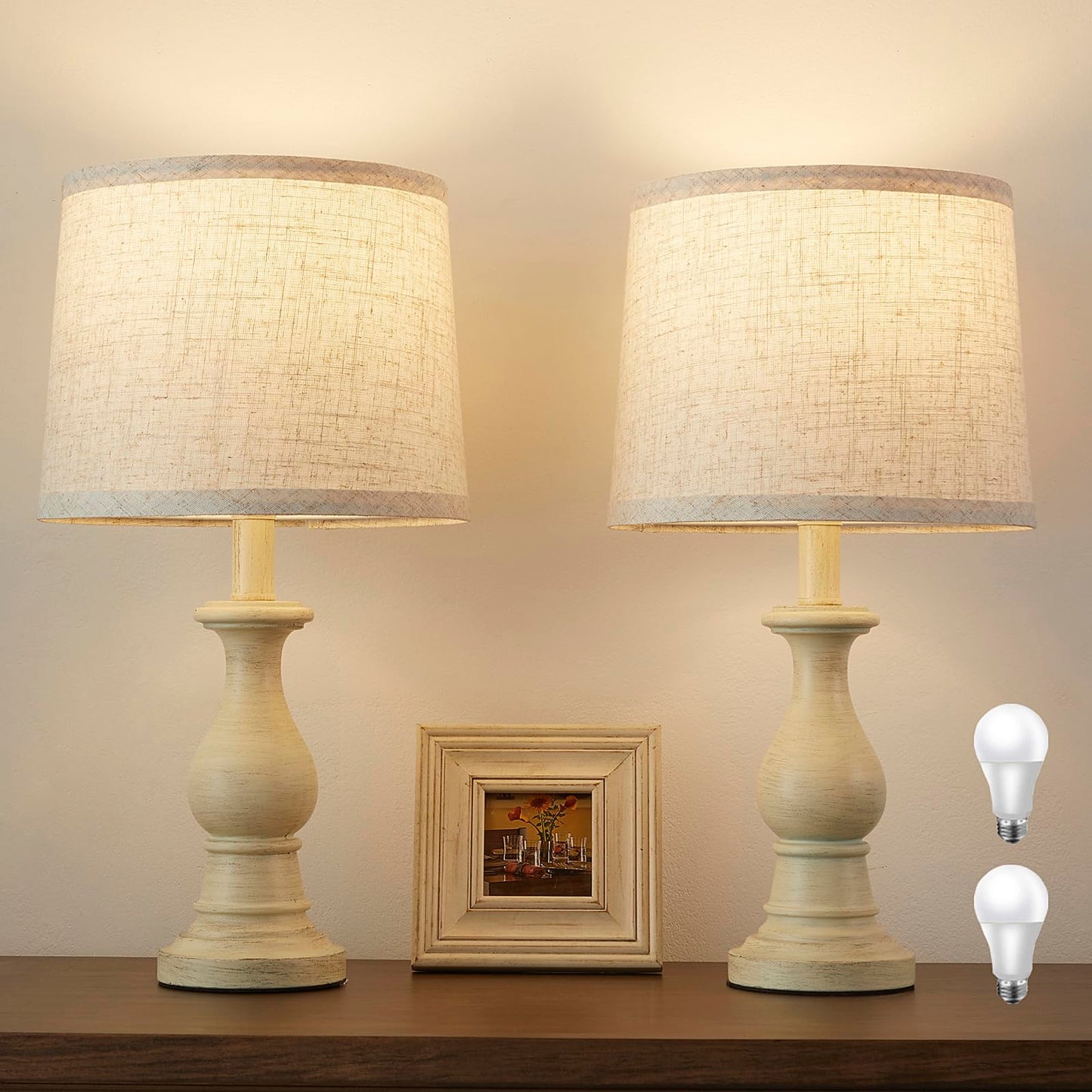 Vintage Table Lamp for Living Room Bedroom, 18.5" Farmhouse Bedside Lamps Nightstand Lamp Set of 2, Table Lamps with Oatmeal Linen Lamp Shades, 2 LED Bulbs Included