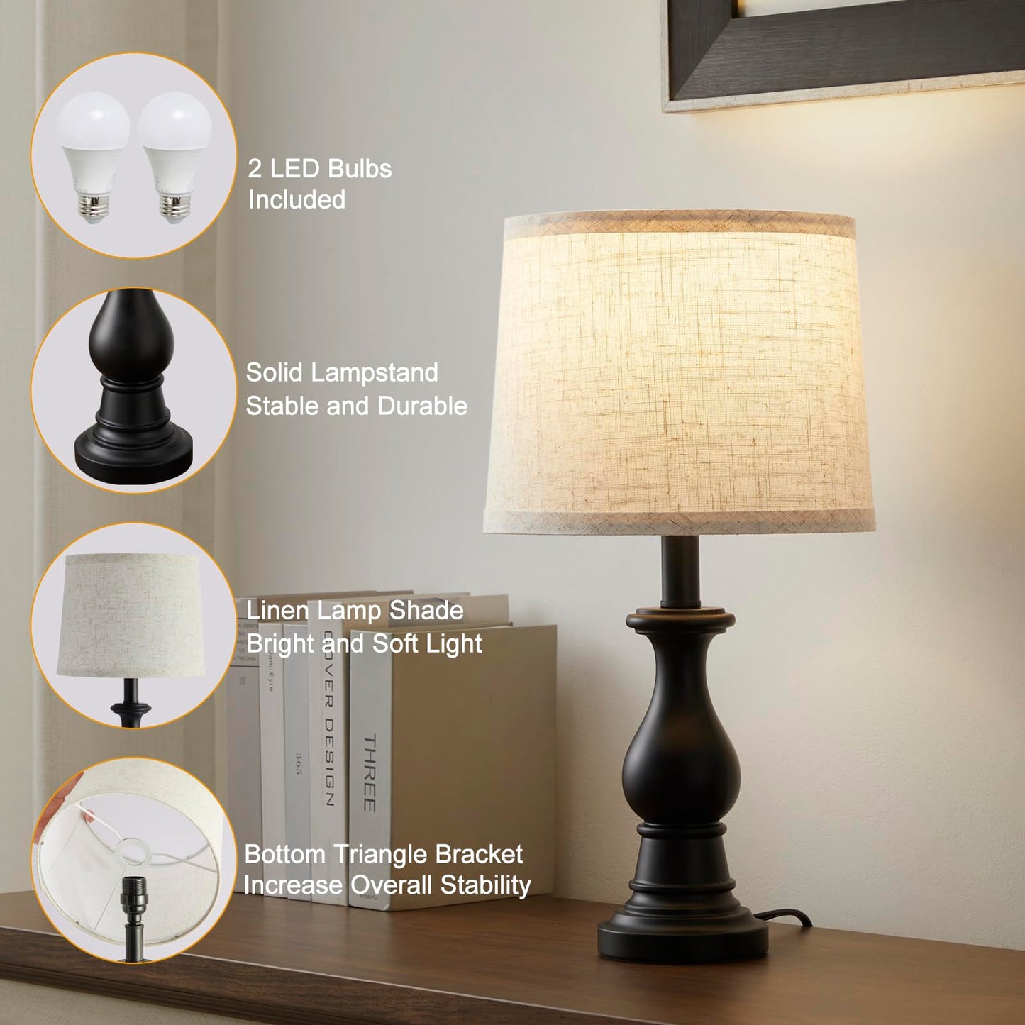 Vintage Table Lamp for Living Room Bedroom, 18.5" Farmhouse Bedside Lamps Nightstand Lamp Set of 2, Table Lamps with Oatmeal Linen Lamp Shades, 2 LED Bulbs Included
