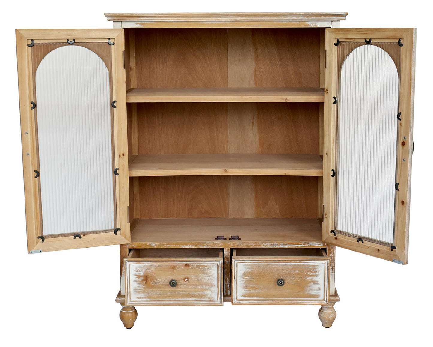 LKTART 60" Farmhouse Sideboard Buffet,Solid Fir Wood Frame with Hollowed-Out Carved Doors,Hand-Distressed Design,Versatile Storage Cabinet for Kitchen, Living Room,Natural Wood