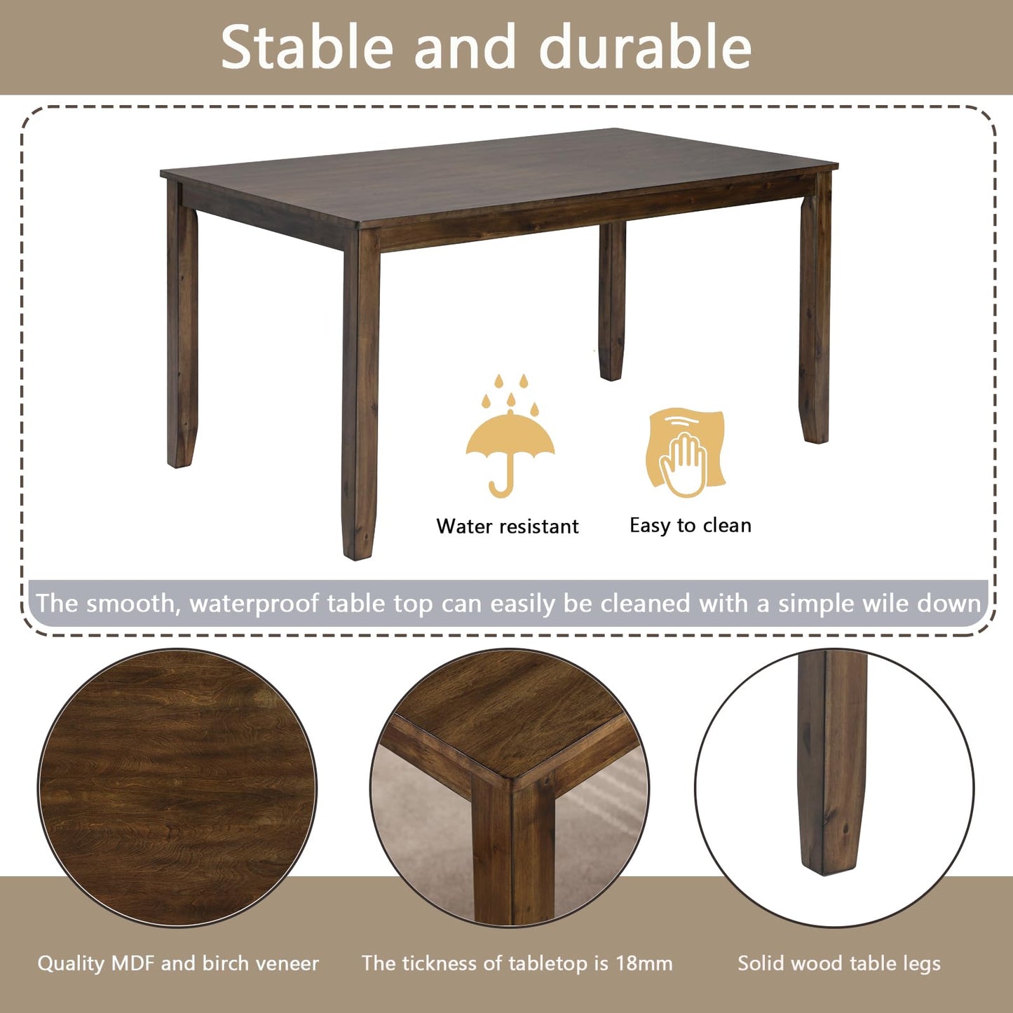 LKTART 6 Piece Kitchen Dining Set, 58.5" Rectangular Wooden Dinner Table with 4 Upholstered Chairs and a Bench for Living Room, Home Bar and Kitchen, Walnut