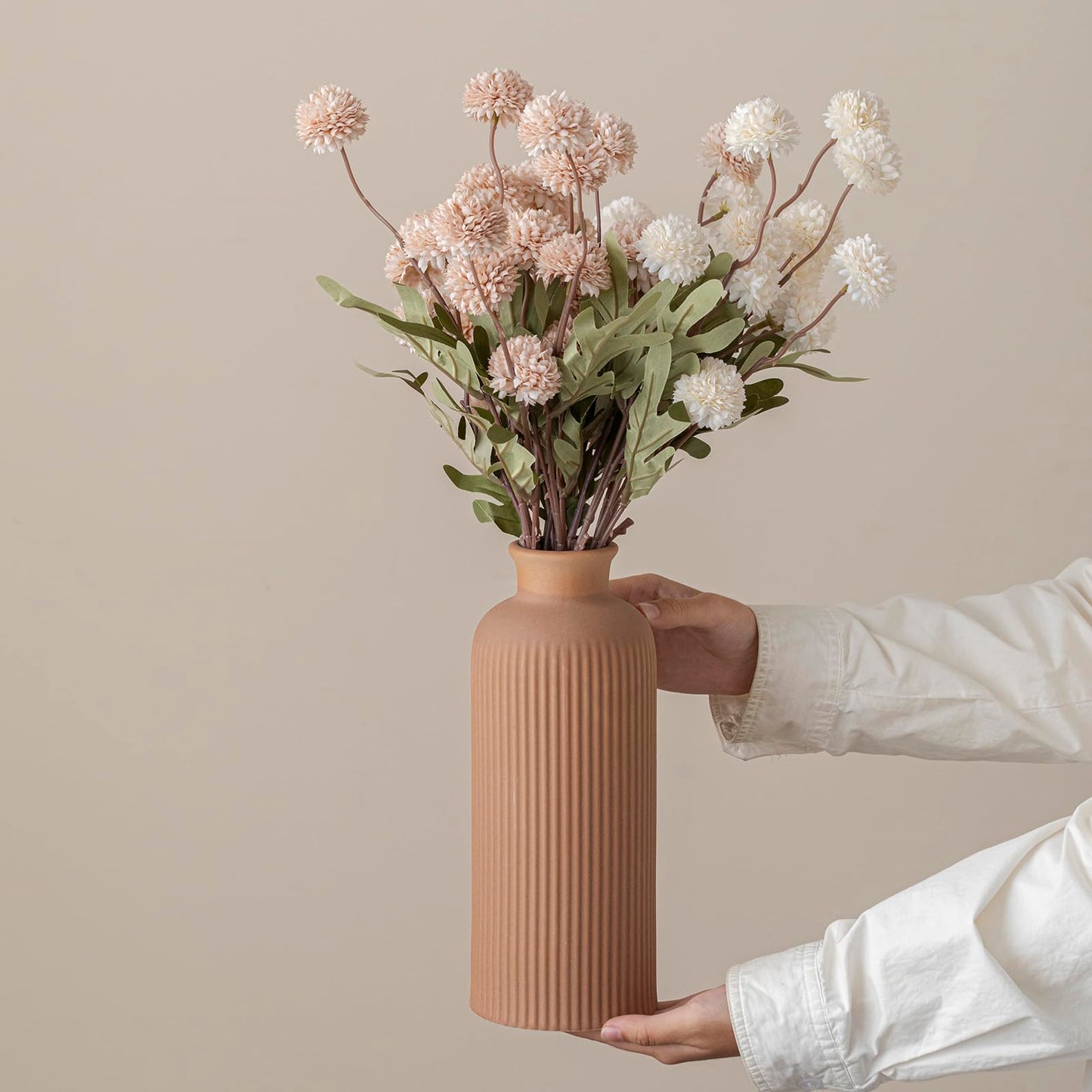 White Ribbed Ceramic Vase for Flowers, Modern Textured Decorative Vase, 10 Inch Tall, Farmhouse Style Home Decor (Matte Glaze White)