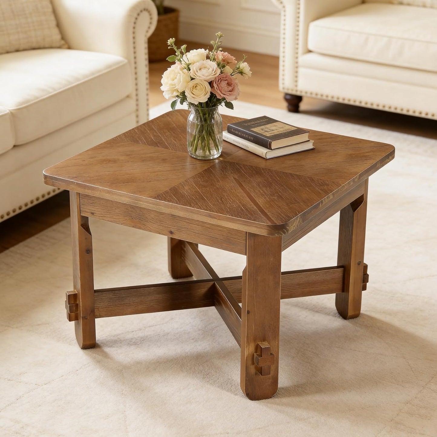 31.5" Square Coffee Table, Solid Wood Accent Center Table with Thick Tabletop and Sturdy Cross-braced Legs, Farmhouse Rustic Tea Cocktail Tables for Living Room, Apartment, Vintage Brown