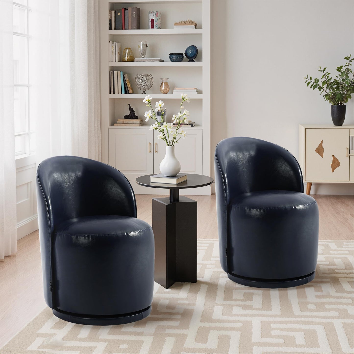 Swivel Barrel Dining Chairs Set of 2, Faux Leather Upholstered Round Dining Chairs, 360° Swivel Vanity Chair Comfy Armless Accent Makeup Chair for Dining/Living Room Makeup Room, Brown