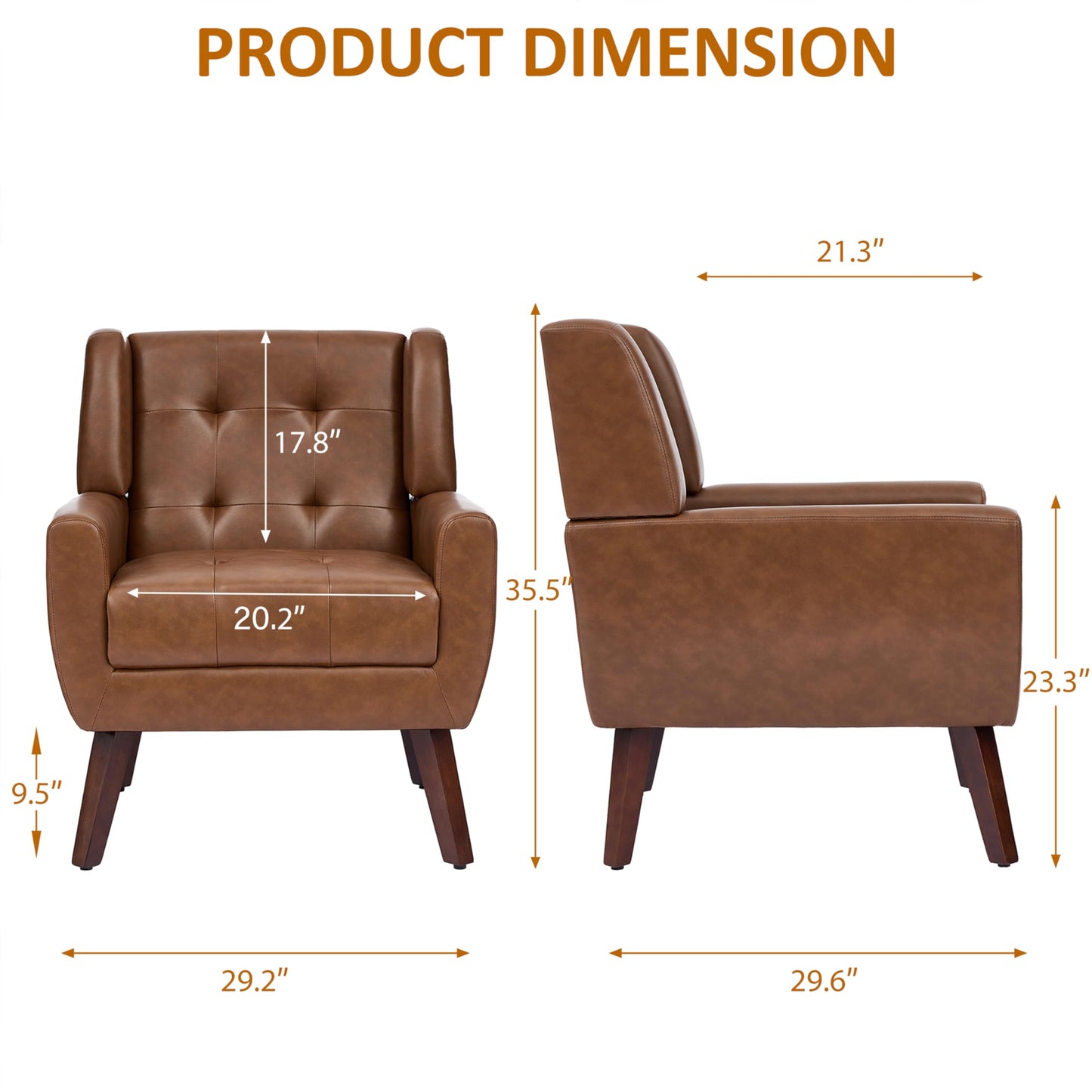 Faux Leather Accent Chairs Set of 2, Mid-Century Modern Upholstered Armchair, Comfy Living Room Chairs Reading Chairs with Button Tufted Back & Solid Wood Legs for Bedroom, Office, Black
