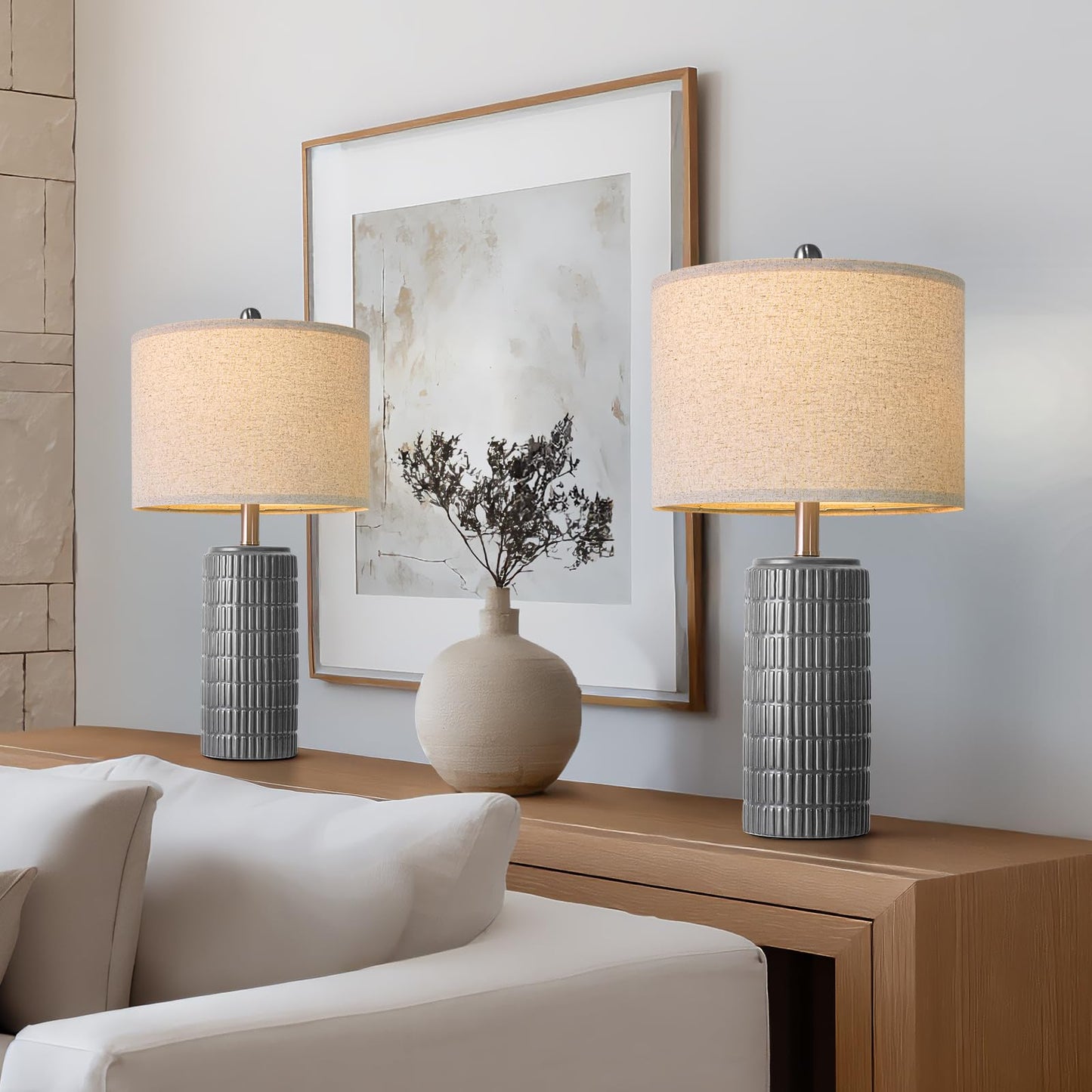 PoKat 23" Modern Ceramic Table Lamp Set of 2 for Living Room White Desk Lamps for Bedroom Farmhouse Bedside Nightstand Lamp House Warming Gifts New Home Decor End Table Lamps Gifts for Women Mom Beige