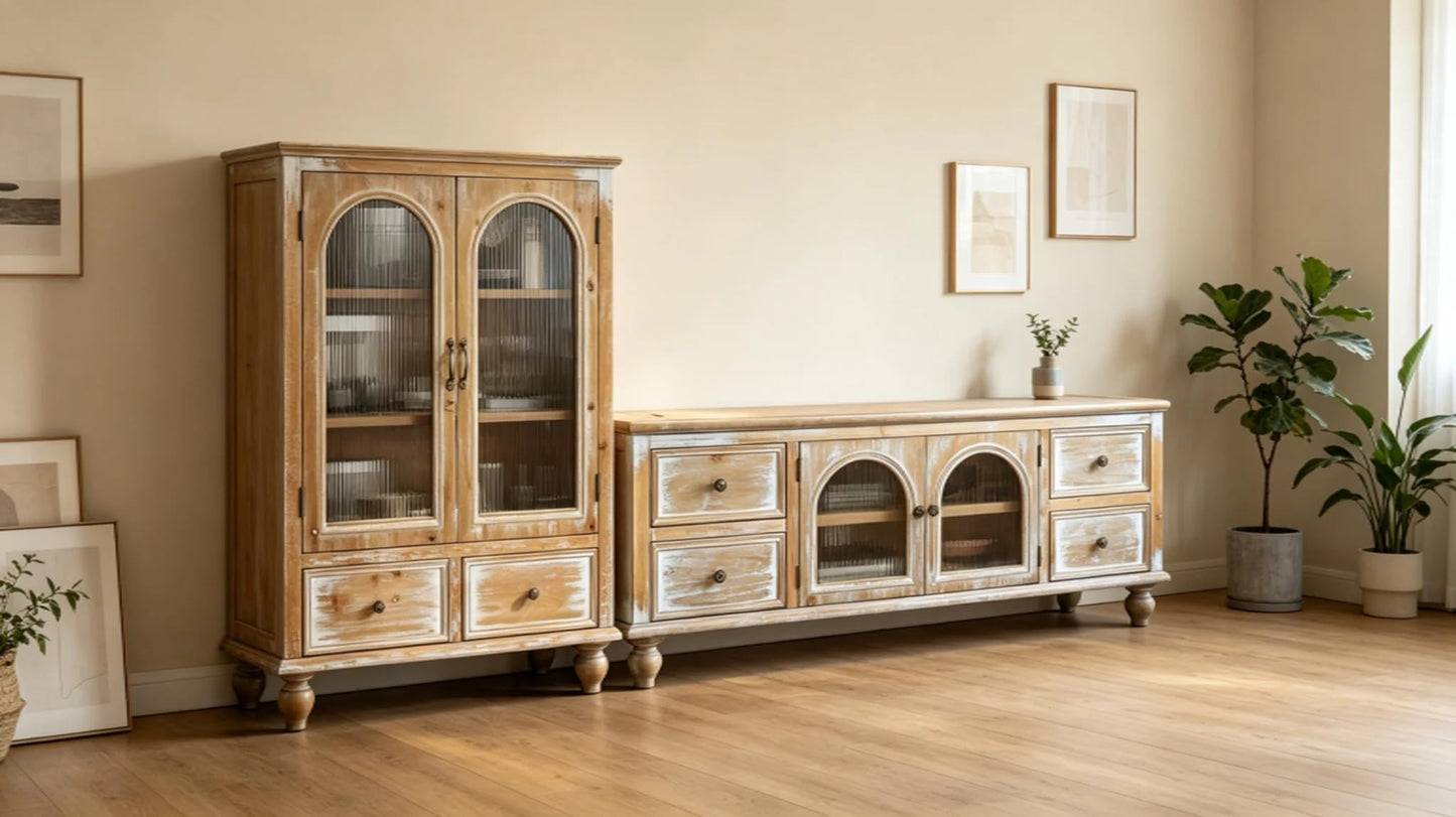 LKTART 60" Farmhouse Sideboard Buffet,Solid Fir Wood Frame with Hollowed-Out Carved Doors,Hand-Distressed Design,Versatile Storage Cabinet for Kitchen, Living Room,Natural Wood