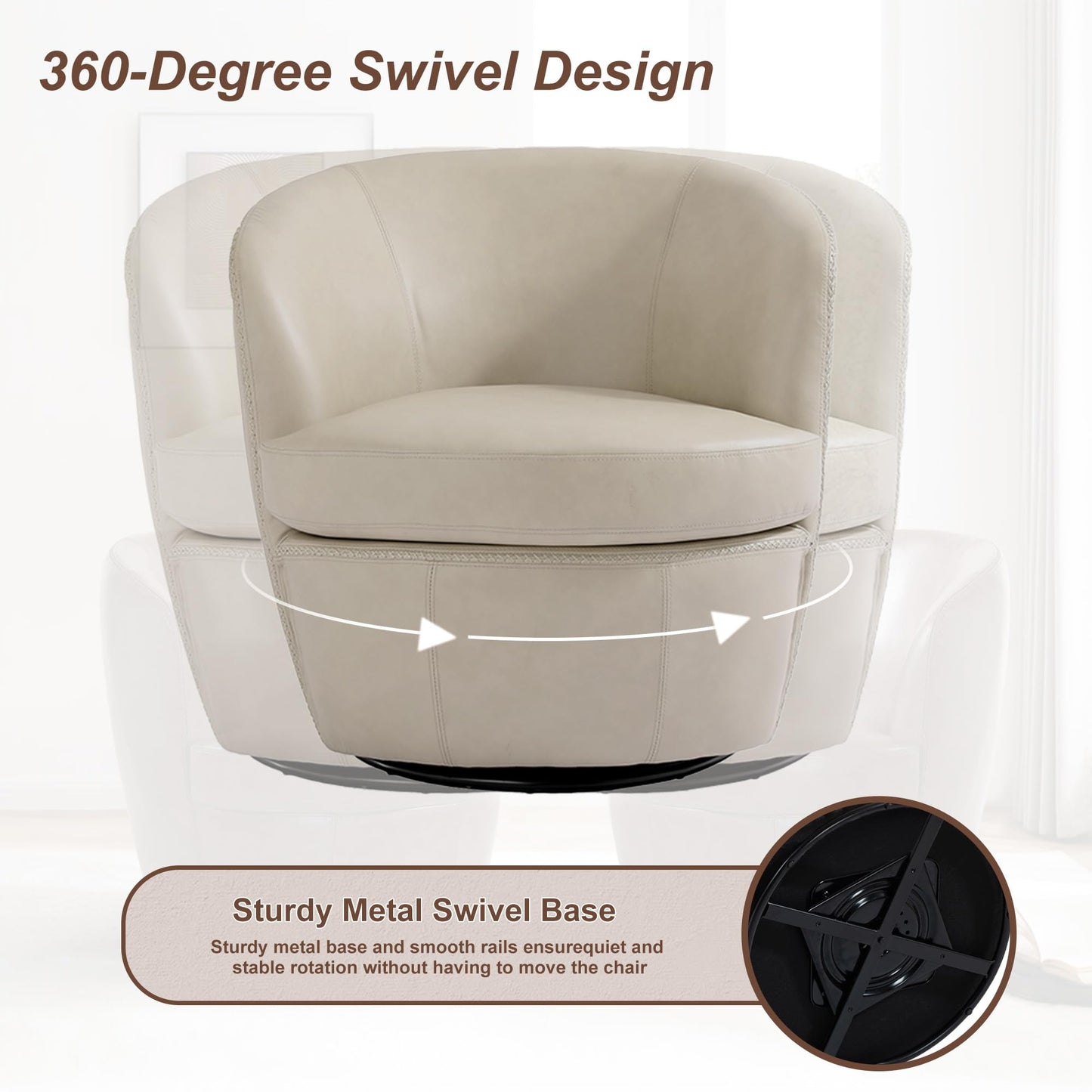 360° Swivel Barrel Accent Chair, Faux Leather Round Swivel Chair for Living Room, Comfy Upholstered Armchair Single Sofa Club Chair for Bedroom Reading Room, No Assembly Required - Light Brown