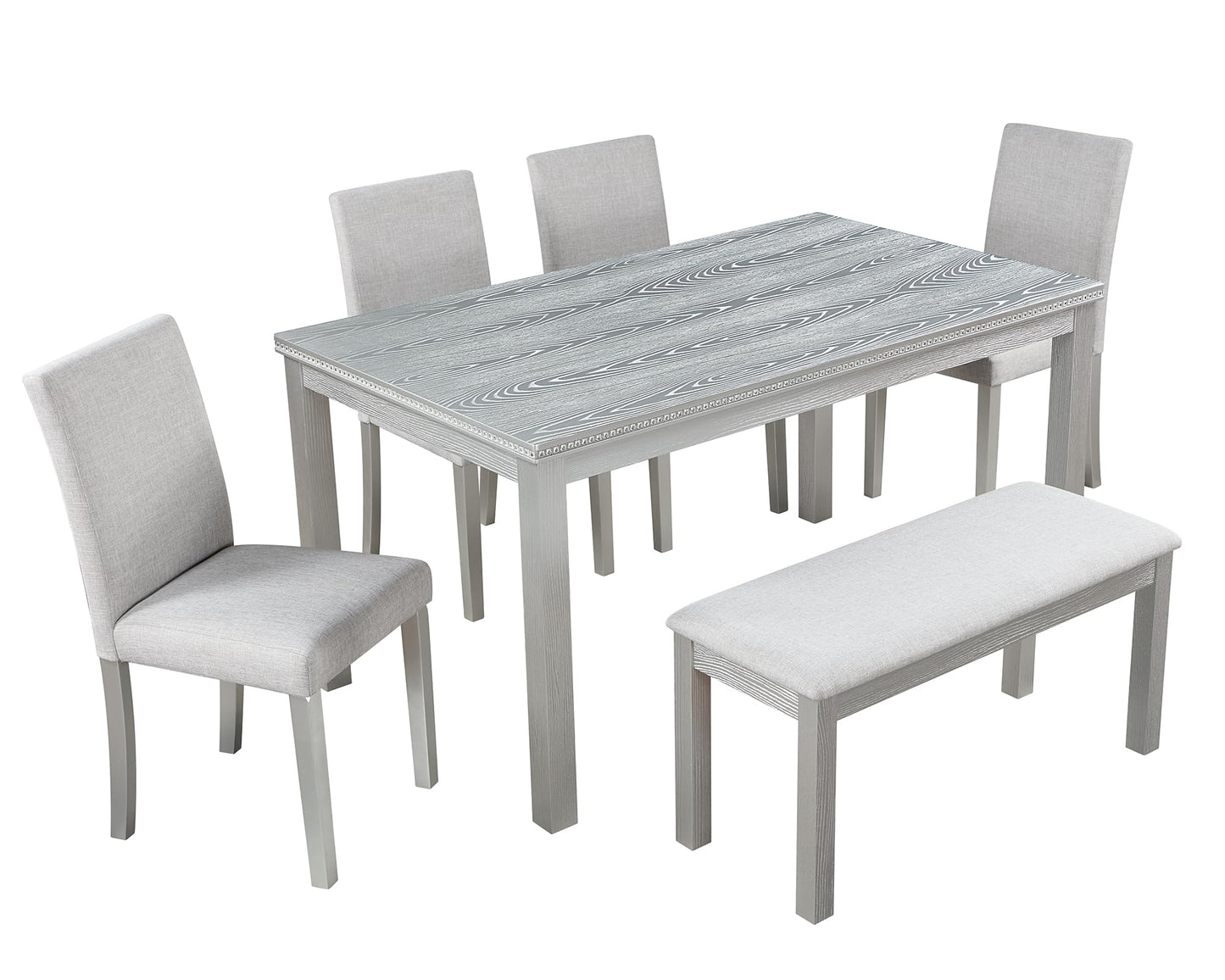 LKTART 6 Piece Kitchen Dining Set, 58.5" Rectangular Wooden Dinner Table with 4 Upholstered Chairs and a Bench for Living Room, Home Bar and Kitchen, Walnut