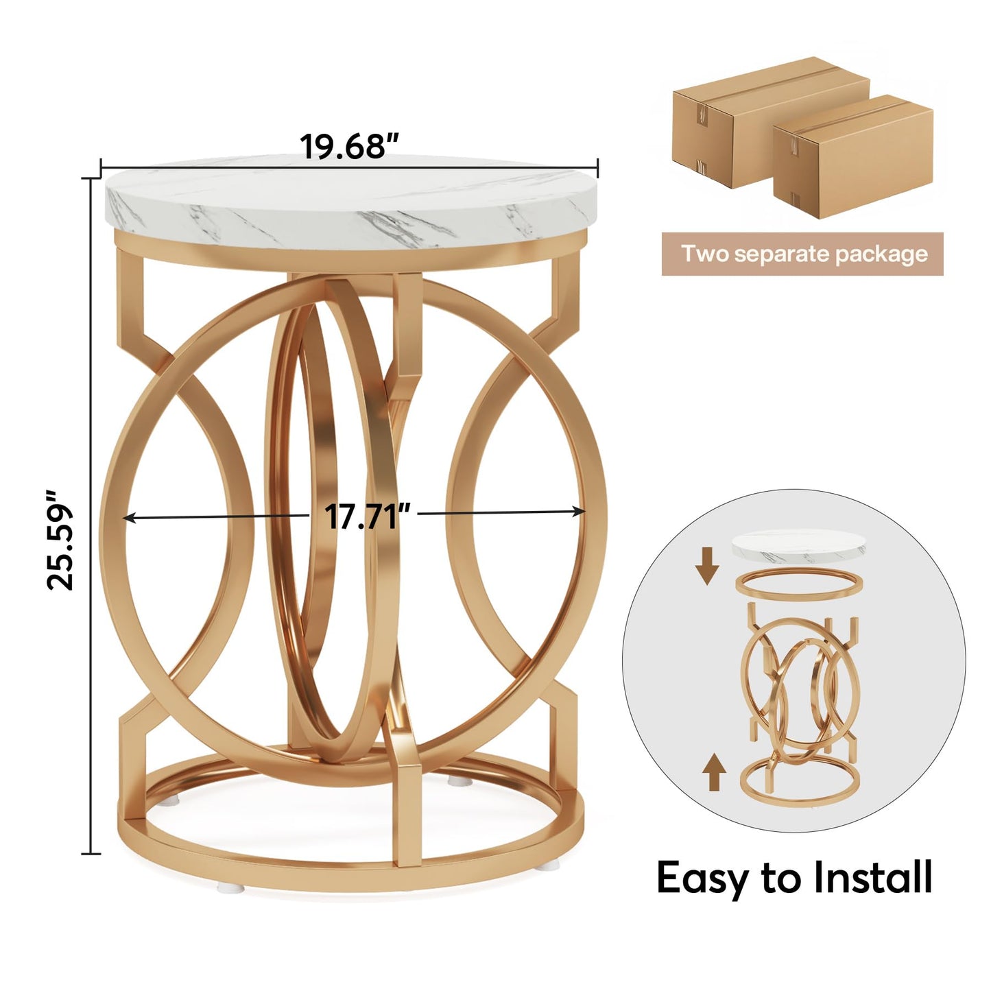 Tribesigns Modern Round End Table Set of 2 with Thickened Tabletop, 20" Gold Side Table with Unique O-Shaped Metal Base, Midcentury Nightstand for Living Room Bedroom, White + Gold