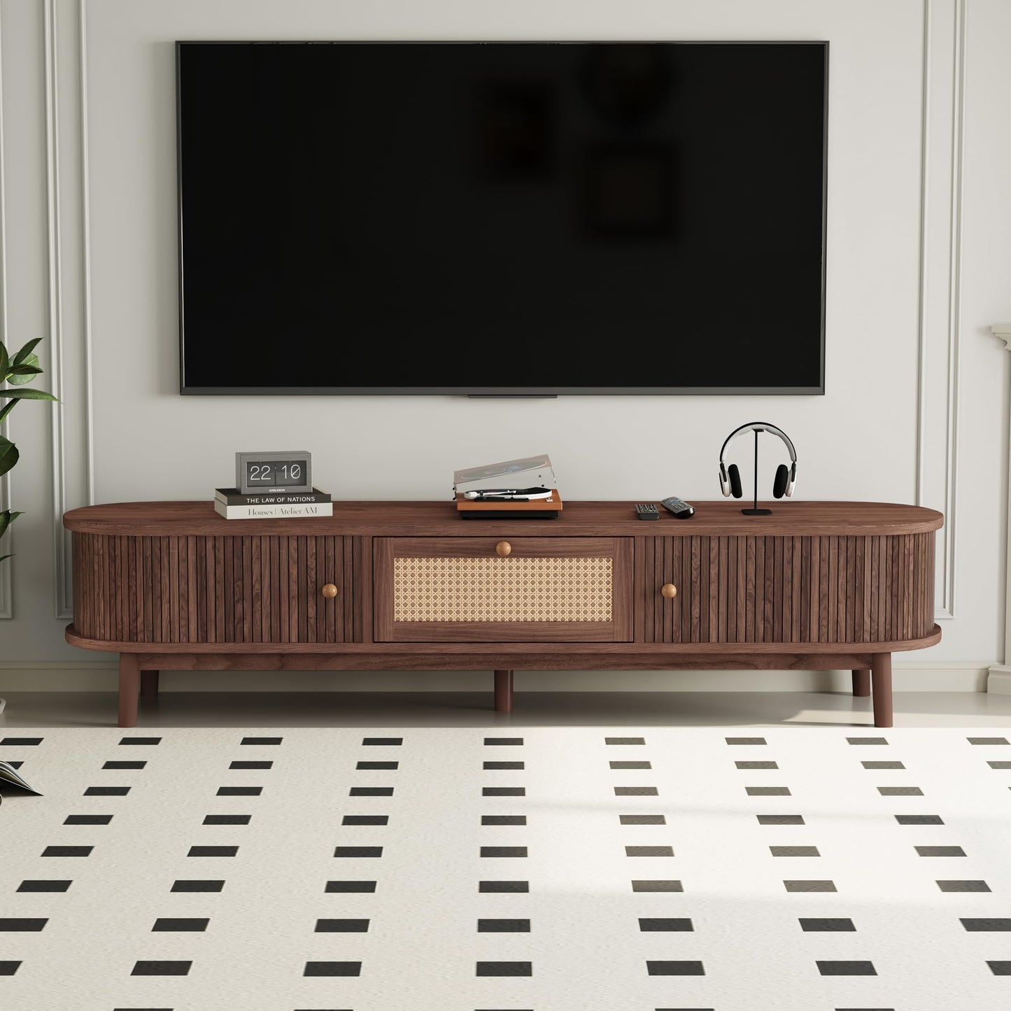 LKTART 67" Mid Century Modern TV Stand for 65/70/75/80" TVs,Entertainment Center with Sliding Doors and Drawers,Media Console for Living Room