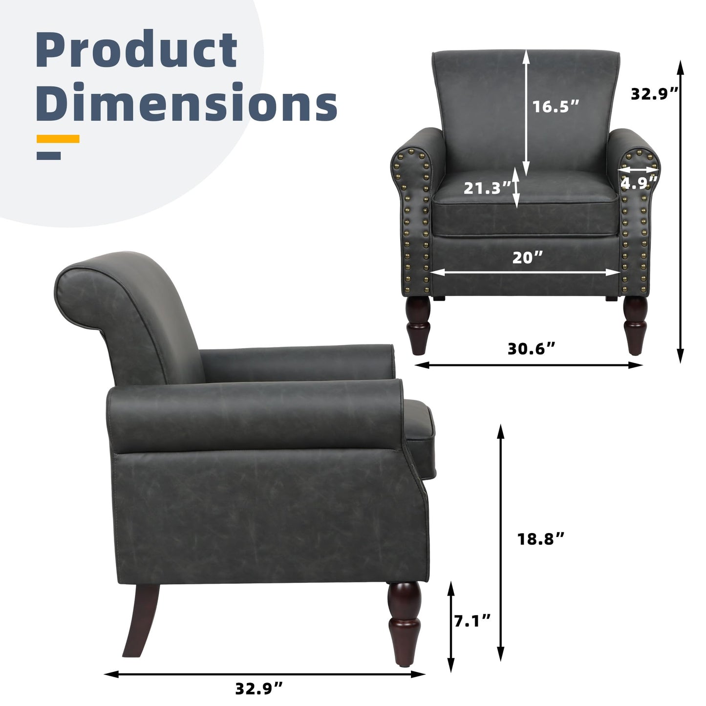 Wingback Accent Chairs Set of 2, Mid-Century Modern Upholstered Armchair Living Room Chair with Nailhead Trim & Rolled Armrest, Comfy Lounge Chair Single Sofa Chair for Bedroom, Light Blue