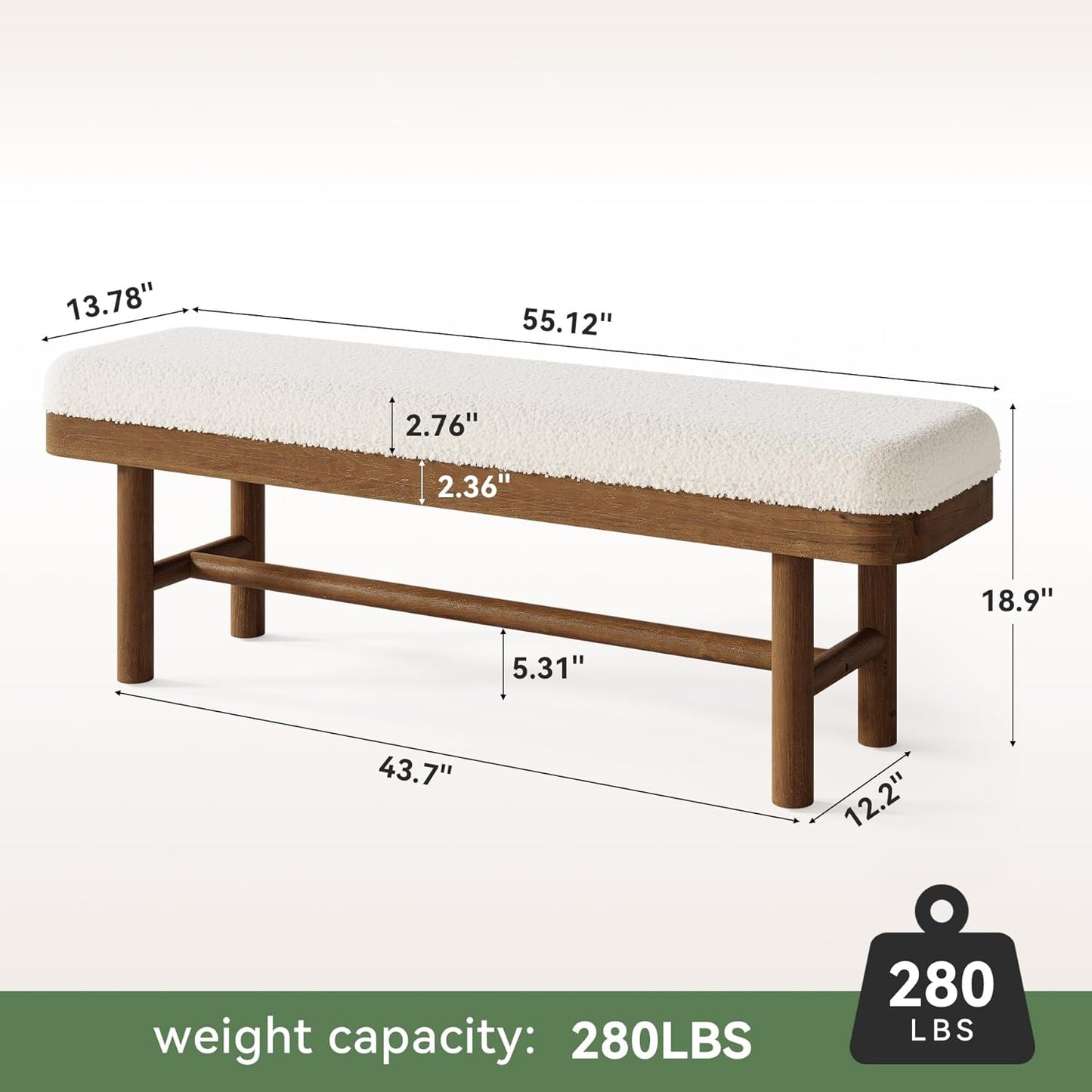 55" Upholstered Bedroom Bench, Solid Wood End of Bed Bench, Modern Indoor Bench with Cushion for Bedroom, Living Room, White & Brown