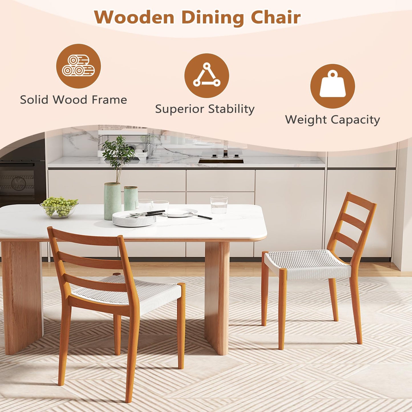 IOMOR Dining Chairs Set of 4, Modern Kitchen Chairs with Woven Seat and Solid Wood Legs for Dining Room, Kitchen Table Chairs with Solid Wood Legs(Beige)