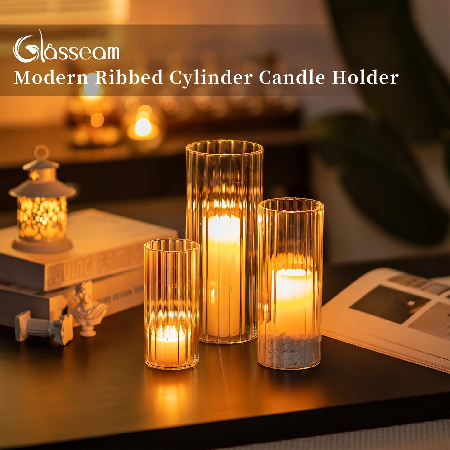 Glasseam Ribbed Glass Candle Holder, Cylinder Candle Holders for Pillar Candles, Clear Hurricane Candle Holder Set of 6, Decorative Floating Candle Vases for Centerpieces Wedding Table Decorations