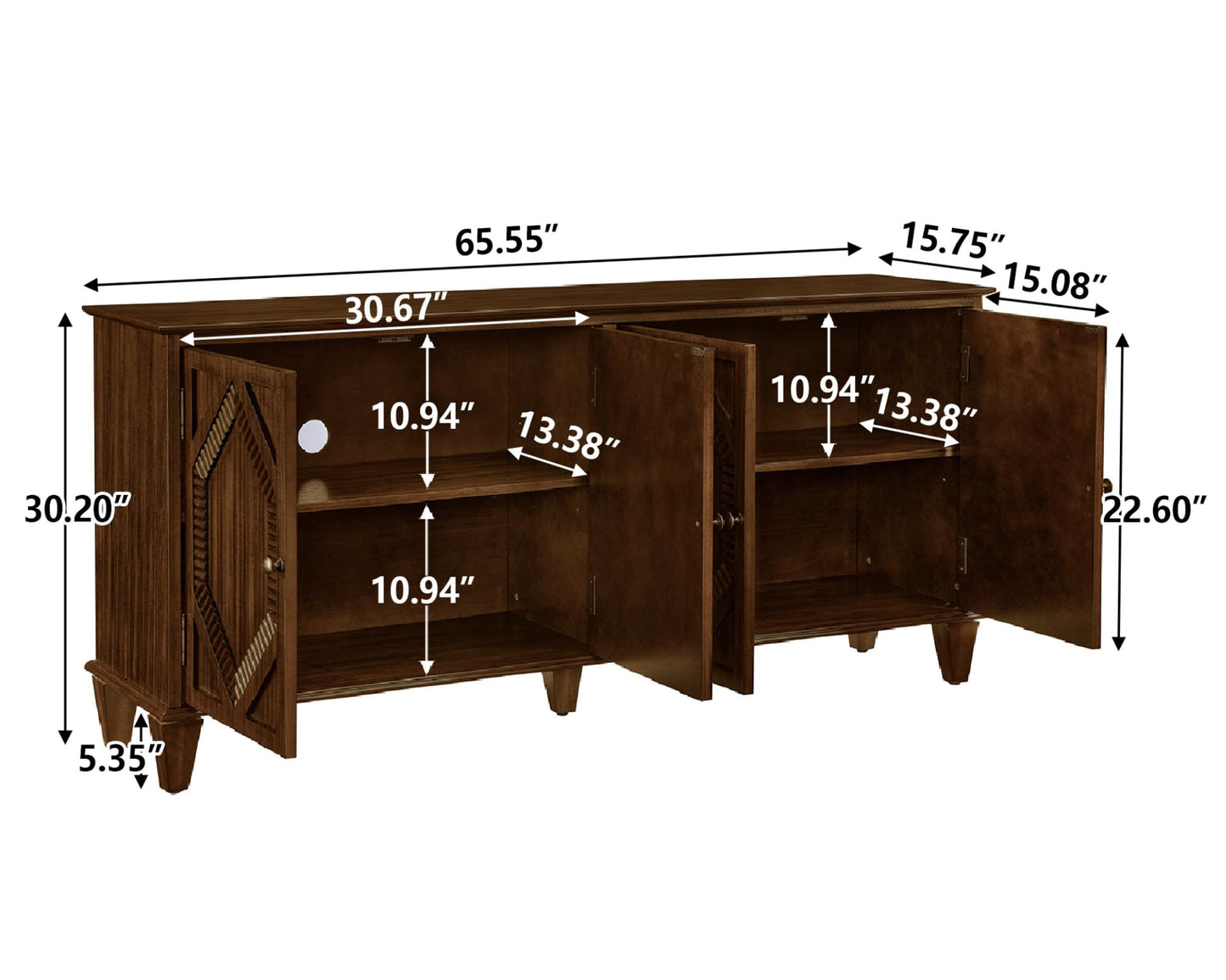 LKTART 65" Mid Century Sideboard Buffet Cabinet with Solid Wood Legs,Accent Storage Cabinet Credenza with 4 Doors for Living Room,Entryway,Kitchen(Walnut)
