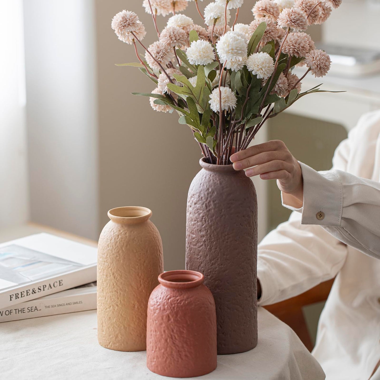 10.4 inches Tall Decorative Ceramic Vase Set, 3 Pieces, Nordic Modern Boho Style, White, Modern Farmhouse for Home Decor (Coffee Mix)