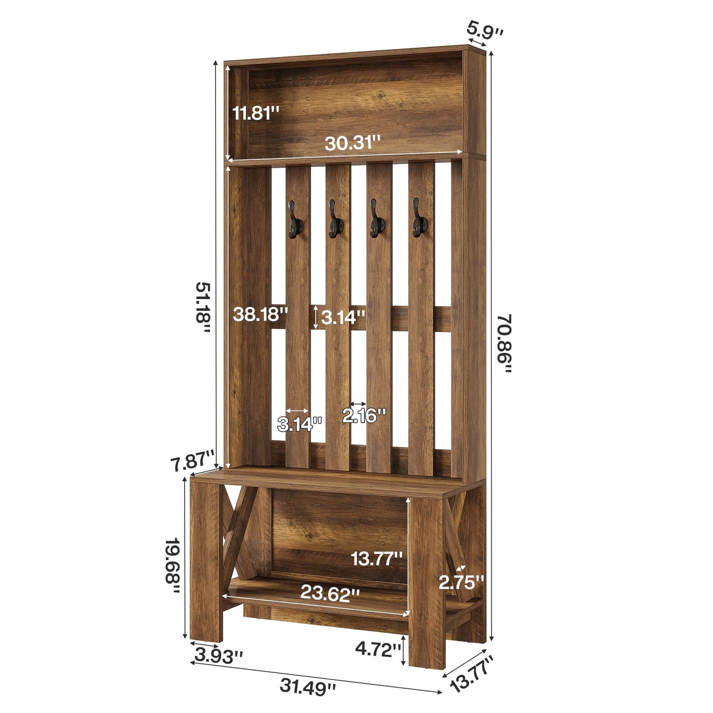 Tribesigns Hall Tree with Bench and Shoe Storage, Farmhouse Entryway Bench with Coat Racks, 70.8" Tall Wooden Hall Tree Organizer with 4 Hooks for Mudroom, Hallway, Bedroom, Space-Saving, Brown