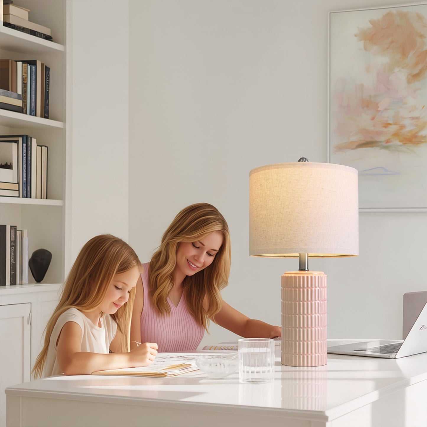 PoKat 20.75" Small Modern Ceramic Table Lamps Set of 2 for Bedroom, White Bedside Lamps for Night Stands, Farmhouse Desk Decor Gift Nightstand Table Lamps for Living Room End Table Beige