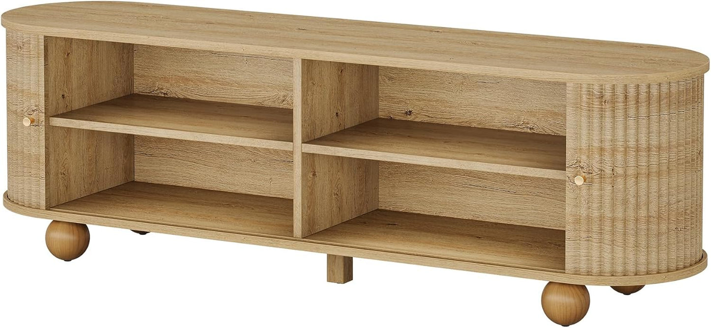 Tribesigns Farmhouse Fluted TV Stand, 70" Extra Long Media Console for TVs up to 65+ Inches, Wooden Entertainment Center with Storage Shelves and Sliding Doors for Living Room, Bedroom, Walnut