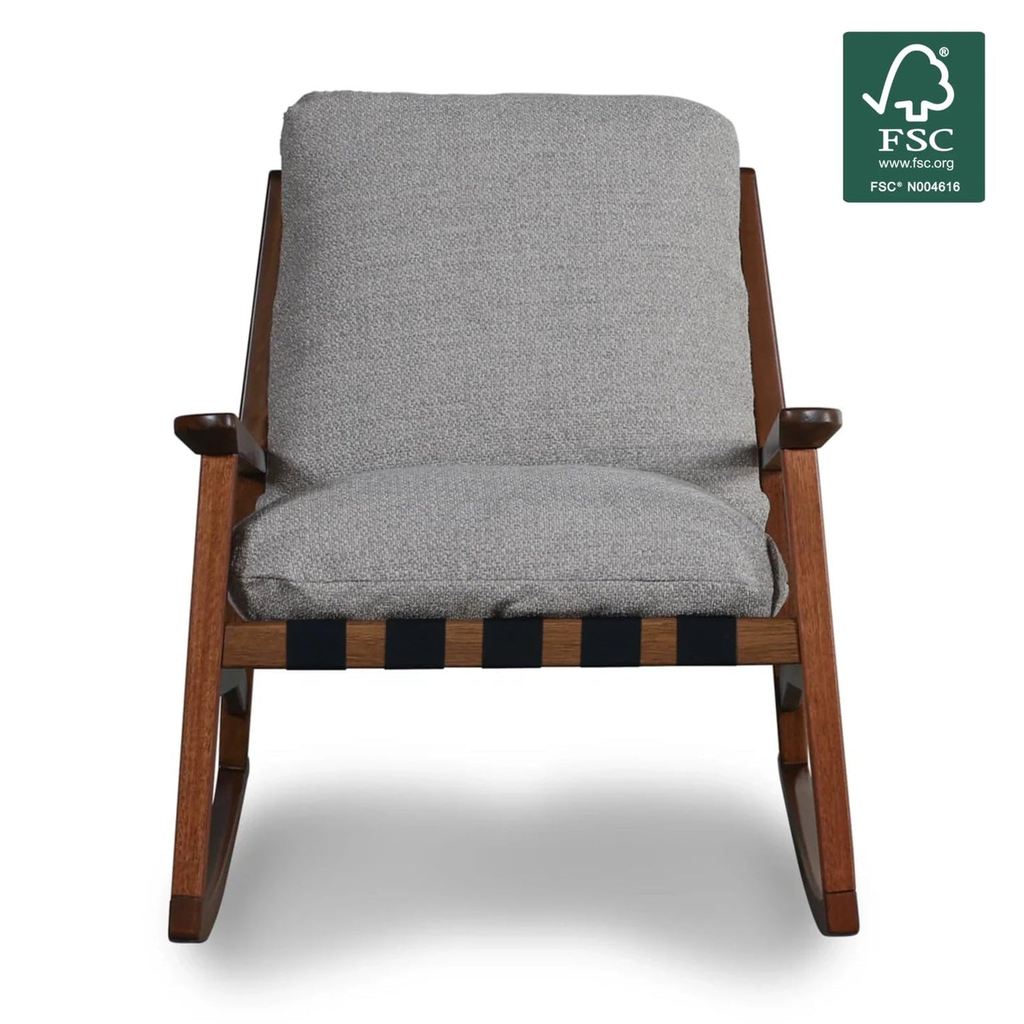 Grain Wood Furniture Solid Wood Mid Century Rocking Chair with Off-White Performance Boucle Cushions