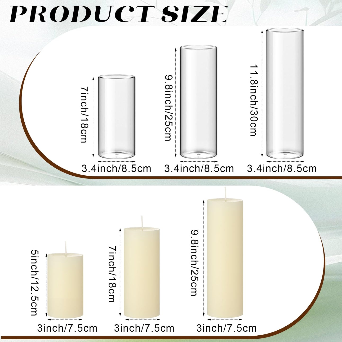 Shihanee Set of 3 Pillar Candles and 3 Glass Cylinder Candle Vases Holders Clear Pillar Jars for Wedding Centerpieces(3'' x 5.9'', 7.9'', 9.8'',Ivory White)