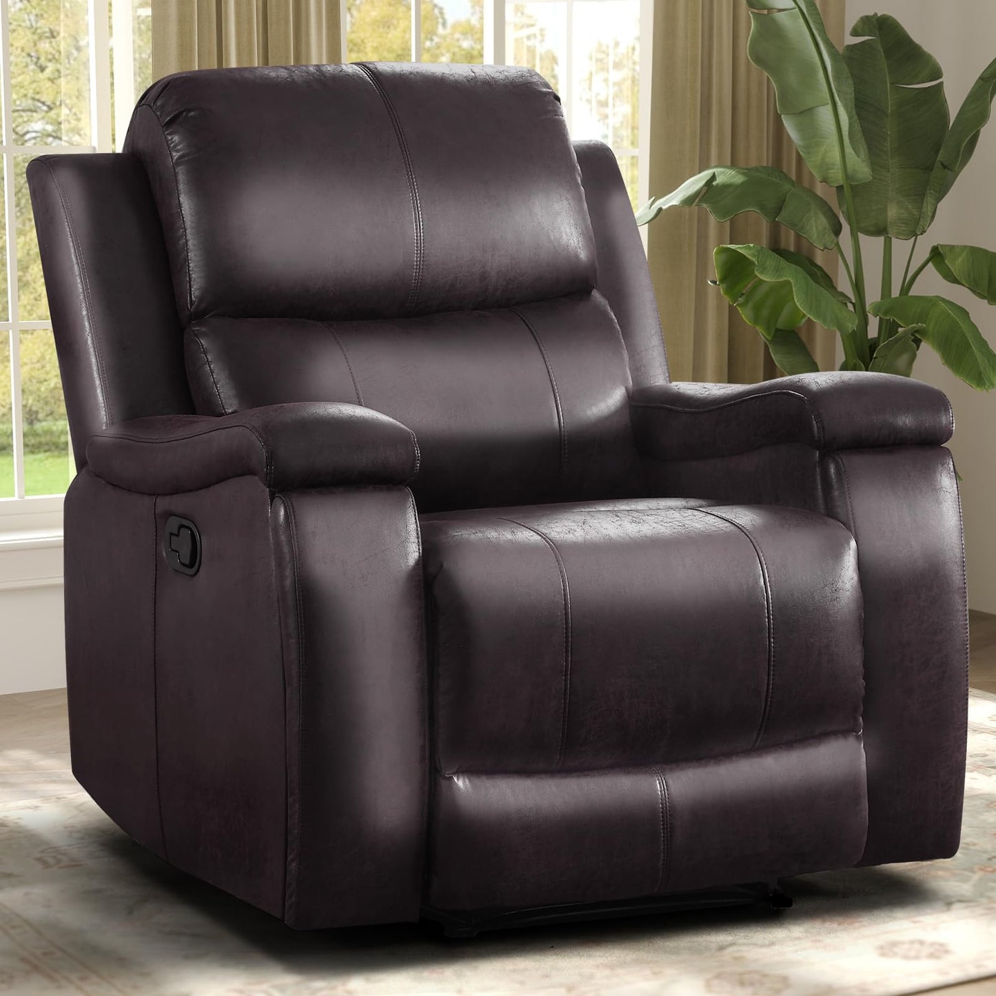 IOMOR Leather Recliner Chair, Manual Recliner Chair for Adults with Overstuffed Arms and Back, Single Sofa Recliner with Cup Holders for Living Room (1, Brown)