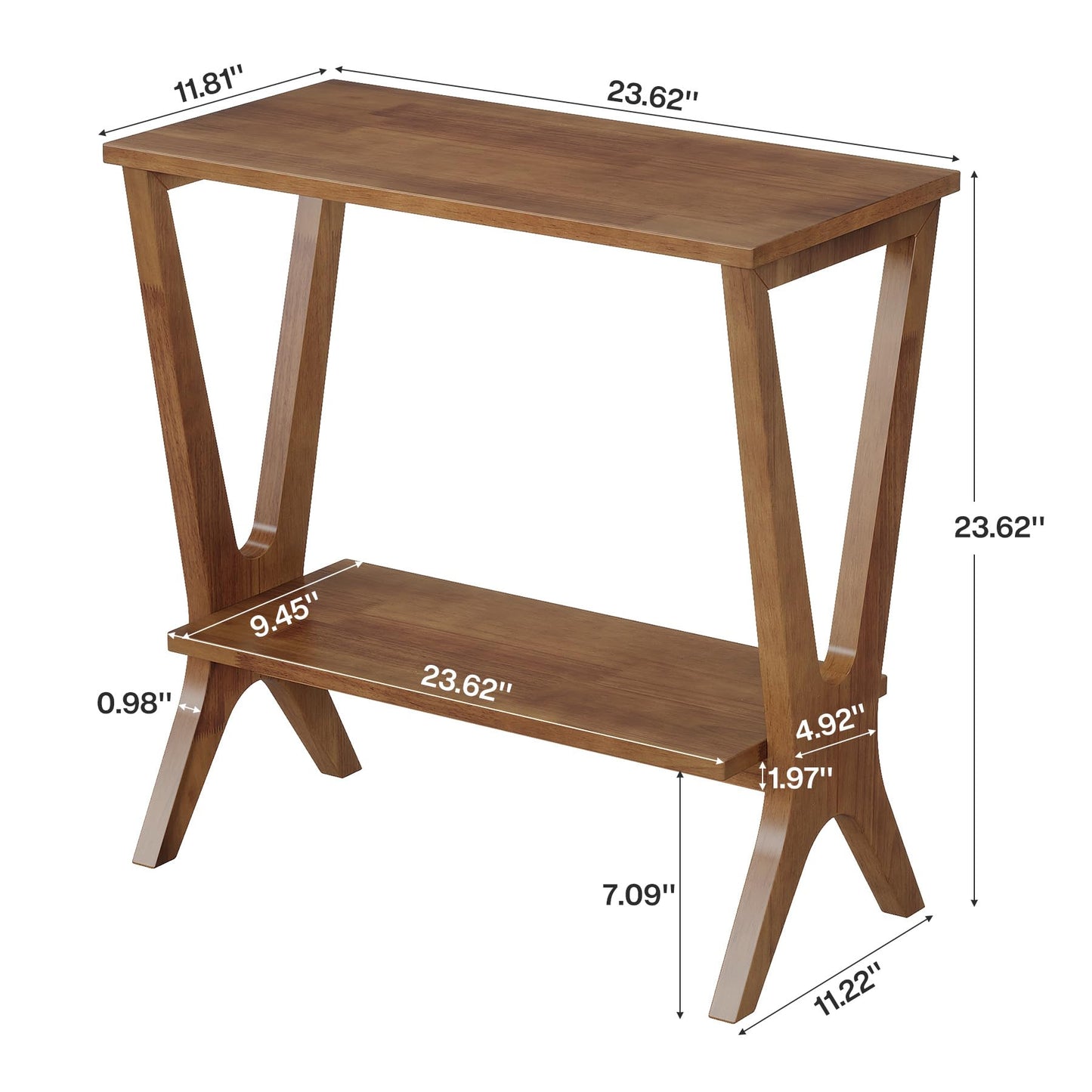 Solid Wood End Table for Living Room, 2-Tier Storage Shelves Sofa Couch Side Table with Sturdy Legs, Wooden Narrow Retro Nightstand for Small Spaces, Bedroom, Apartment