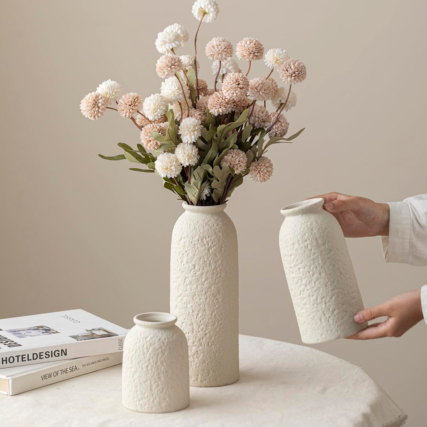 10.4 inches Tall Decorative Ceramic Vase Set, 3 Pieces, Nordic Modern Boho Style, White, Modern Farmhouse for Home Decor (Coffee Mix)