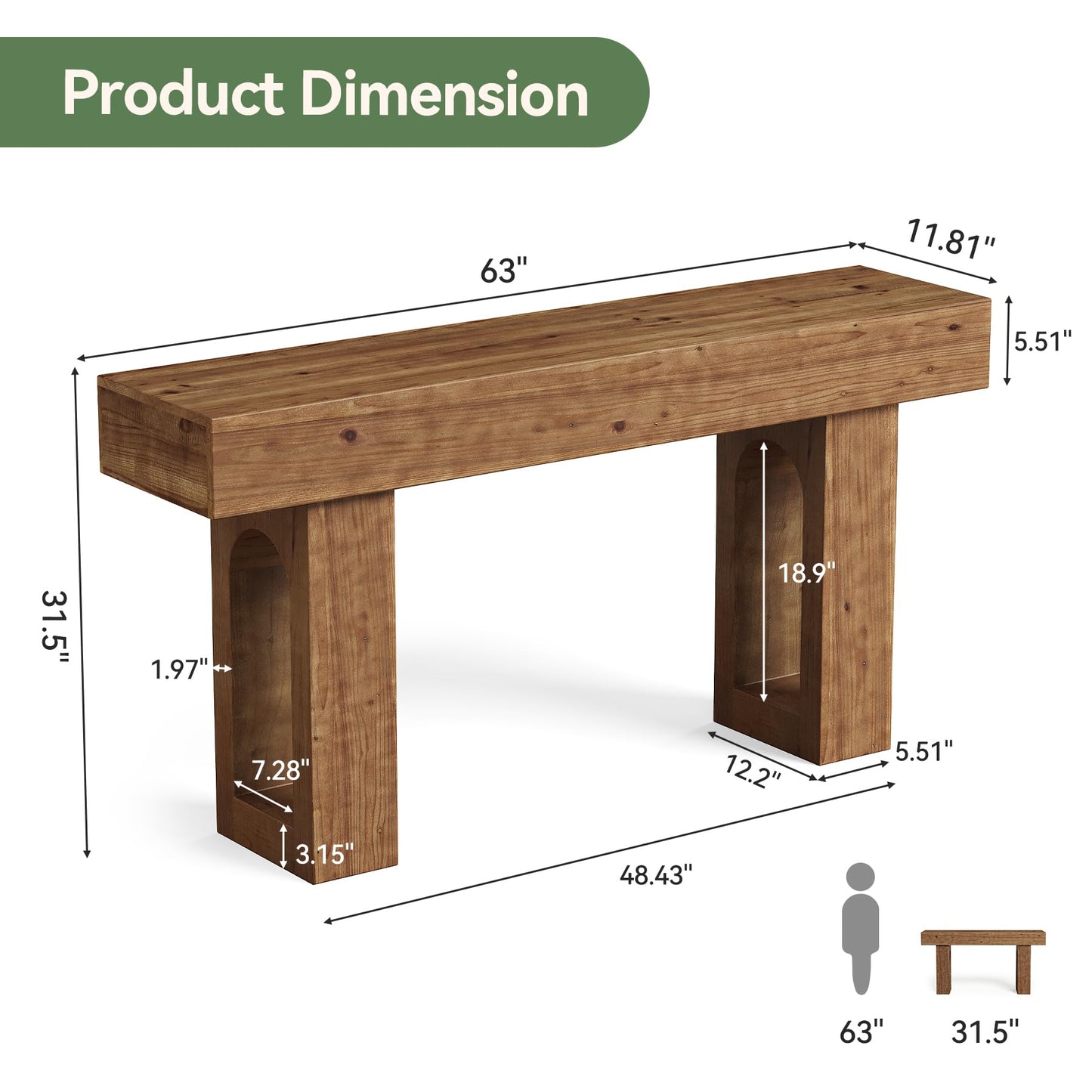 Solid Wood Console Table, 63-Inch Long Farmhouse Entryway Table, Sofa Console Behind Couch, for Foyer, Hallway, Living Room, Dark Brown