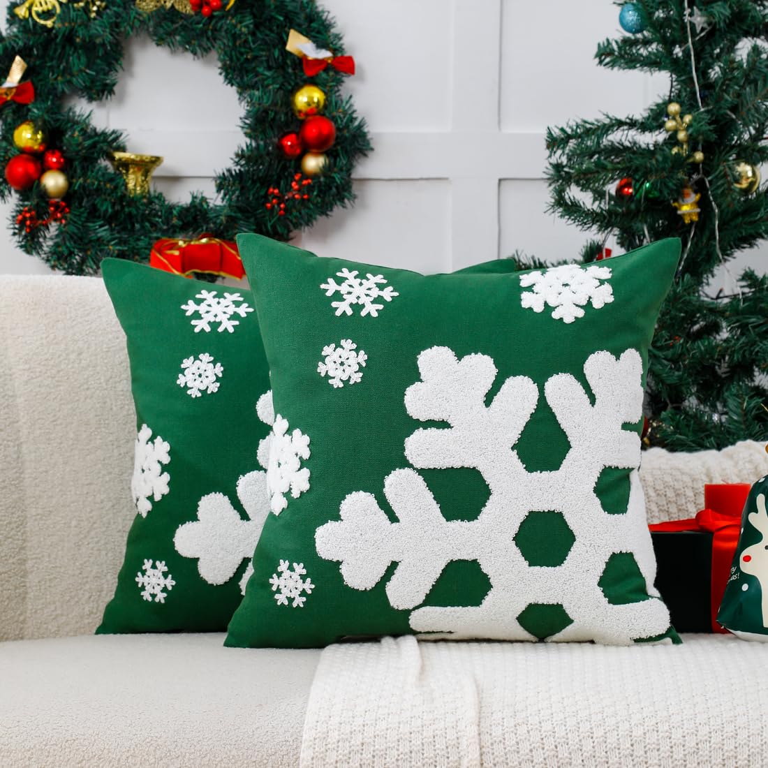 VAKADO Christmas Throw Pillow Covers 18x18 Set of 2 Embroidered Snowflake Decorative Xmas Cushion Cases Holiday Soft Home Decor for Bedroom Sofa Chair Porch Winter, Blue