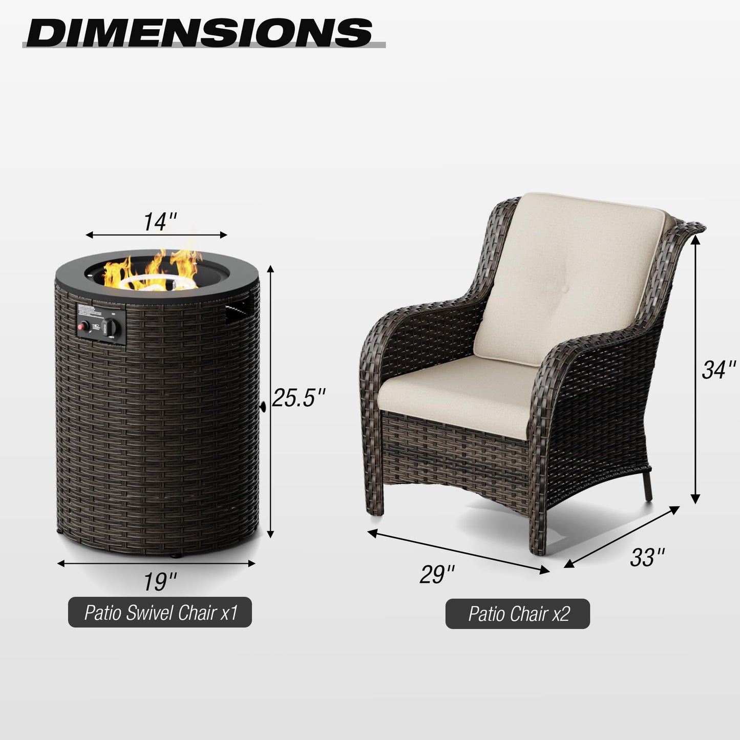 Joyside Patio Furniture Set with Fire Pit Table, 3 Piece Outdoor Wicker Conversation Sets with High Back, Thickened Cushions, Rattan Sectional for Porch, Lawn Use (Red)