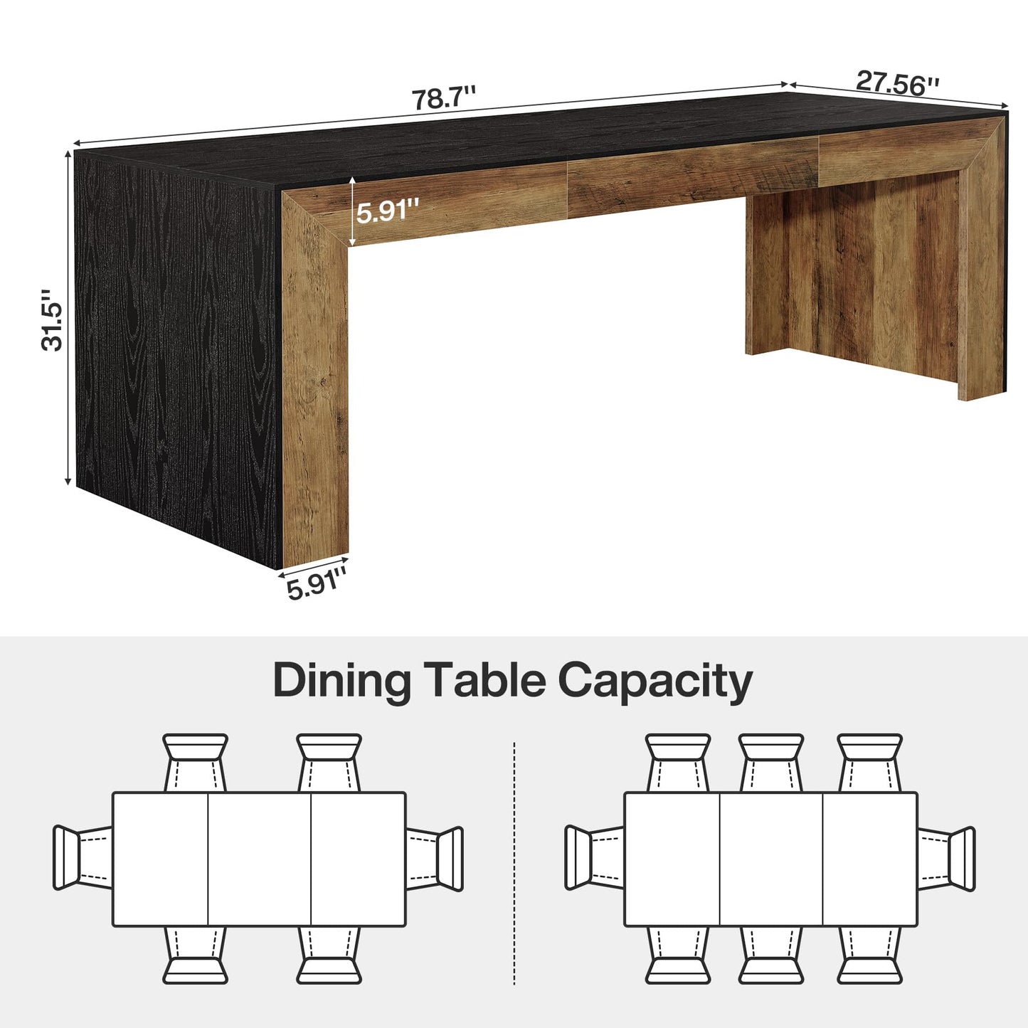Tribesigns Extra Long Dining Table for 6-8 People, 78.7-Inch Rectangular Kitchen Table with Wooden Tabletop and Legs for Kitchen, Dining Room, Living Room, Heavy Duty, Black+Brown