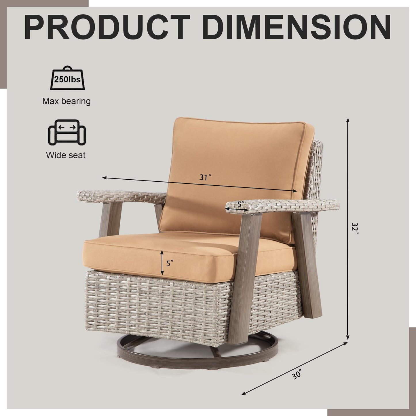 Joyside Patio Chair - Outdoor 360 Degree Swivel Rocker Chair with Durable Fabric Cushion and Ergonomic Structure, Patio Wicker Dining Chair(Grey/Dark Blue)