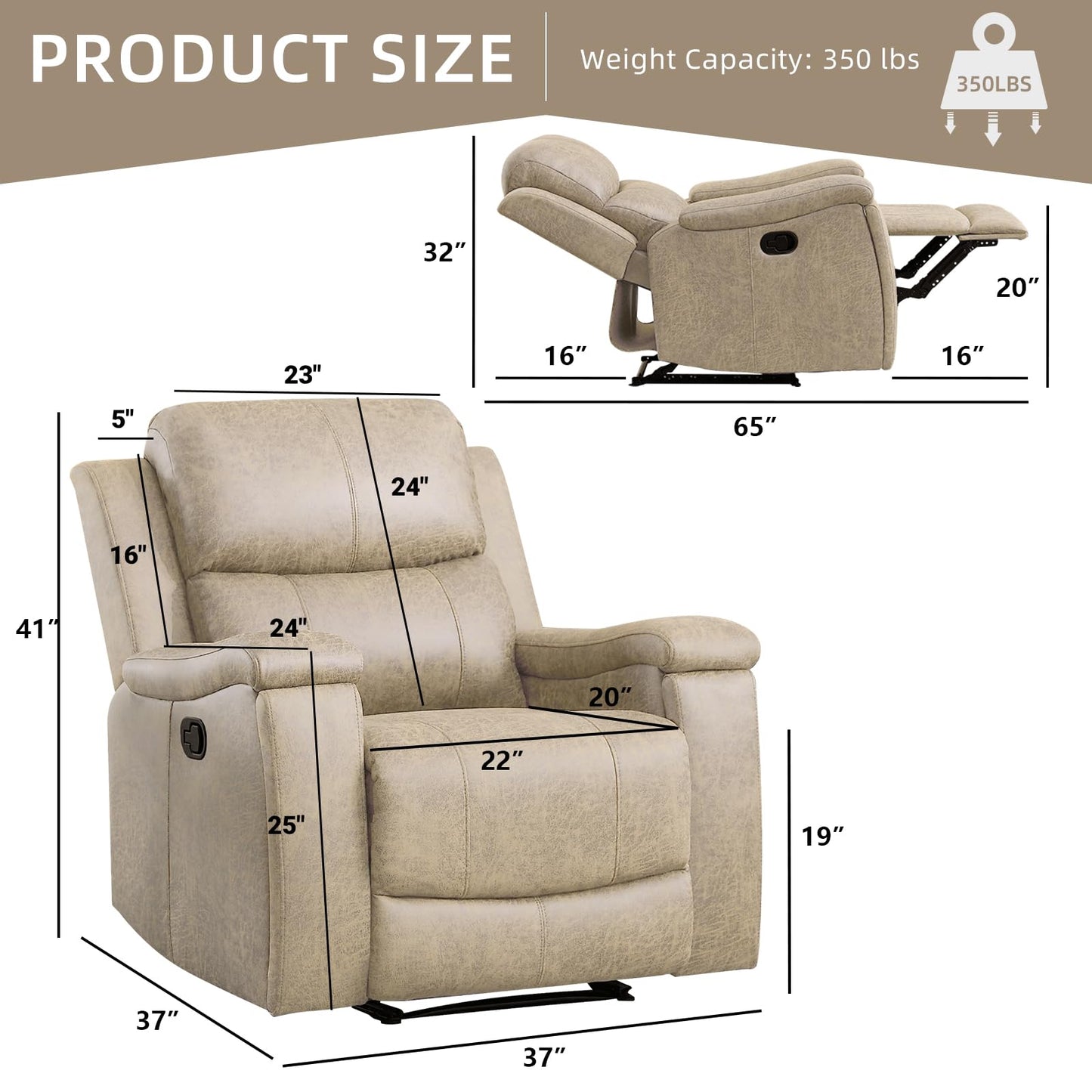 IOMOR Leather Recliner Chair, Manual Recliner Chair for Adults with Overstuffed Arms and Back, Single Sofa Recliner with Cup Holders for Living Room (1, Brown)