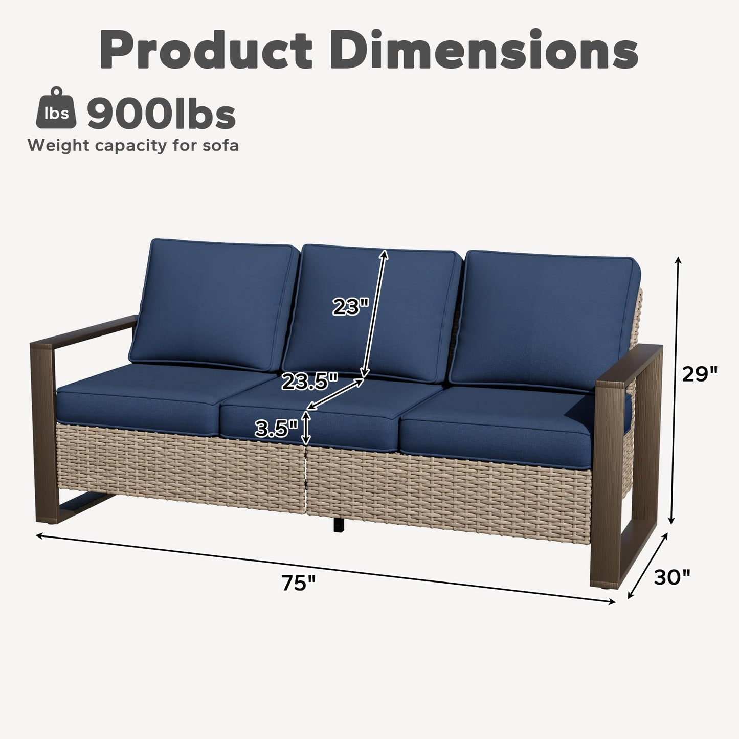 Joyside Outdoor Patio Wicker Sofa, 3-Seater Rattan Sofa with Thick Olefin Cushions and Metal Steel Rectangular Framed Armrest -Looking Metal Armrest Suitable for Garden, Backyard, Porch, Deck