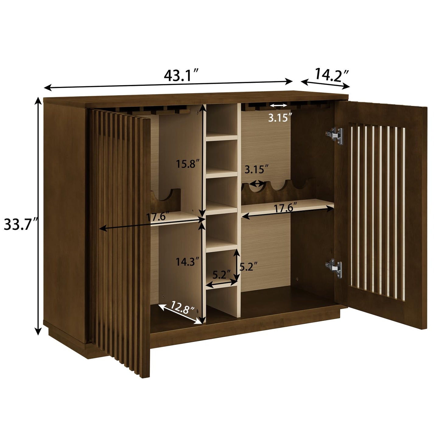 LKTART Wine Cabinet & Coffee Bar with Bottle Holders & Stemware Racks,Liquor Cabinet with Open Storage and Built-in Door Shelves,Bar Cabinet with Solid Wood Legs and Adjustable Shelf