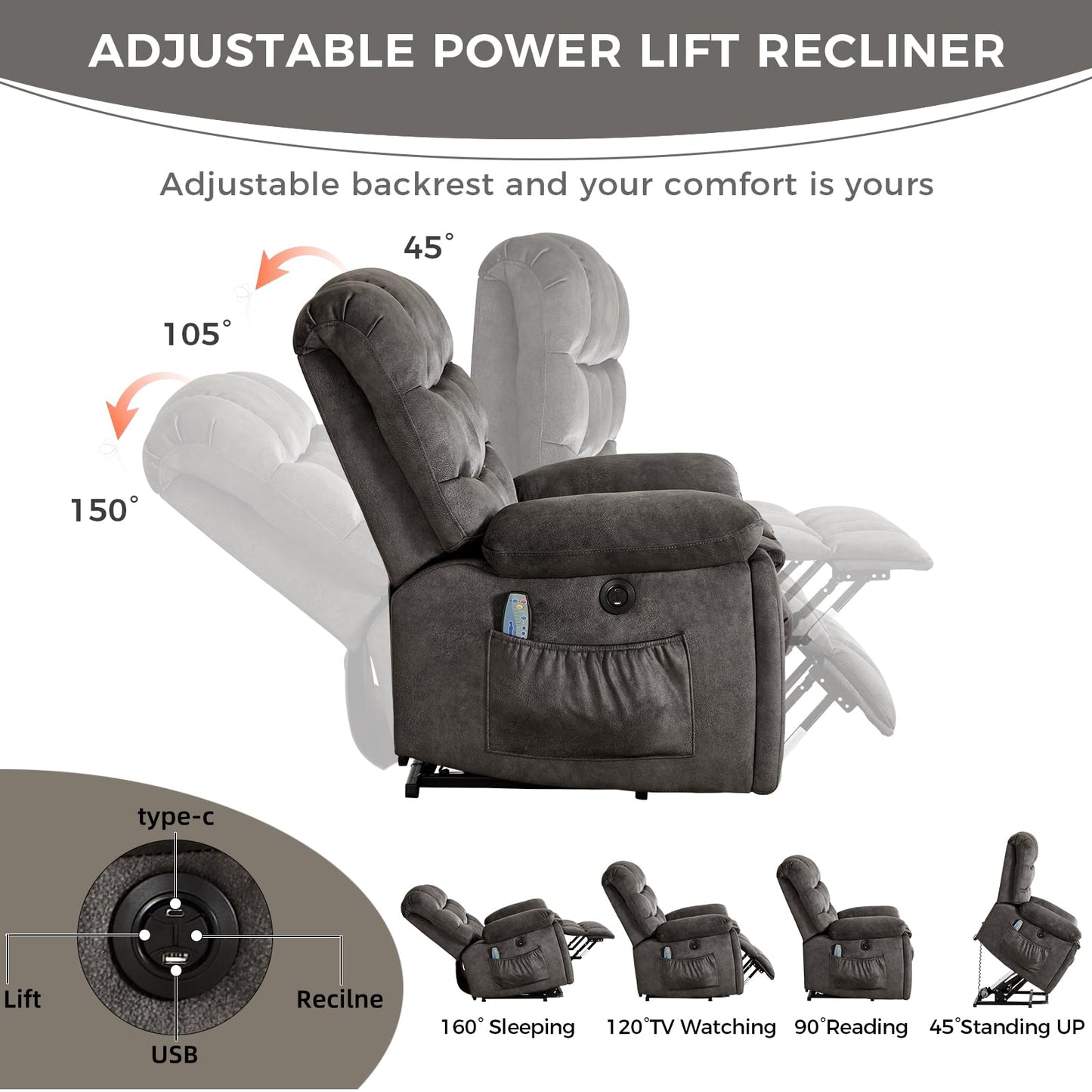 IOMOR Large Power Lift Recliner with Massage and Heat for Elderly, Heavy Duty & Safety Motion Reclining Mechanism, Ergonomic Electric Wider Chair with USB Port, 2 Hidden Cup Holders (1, Brown)