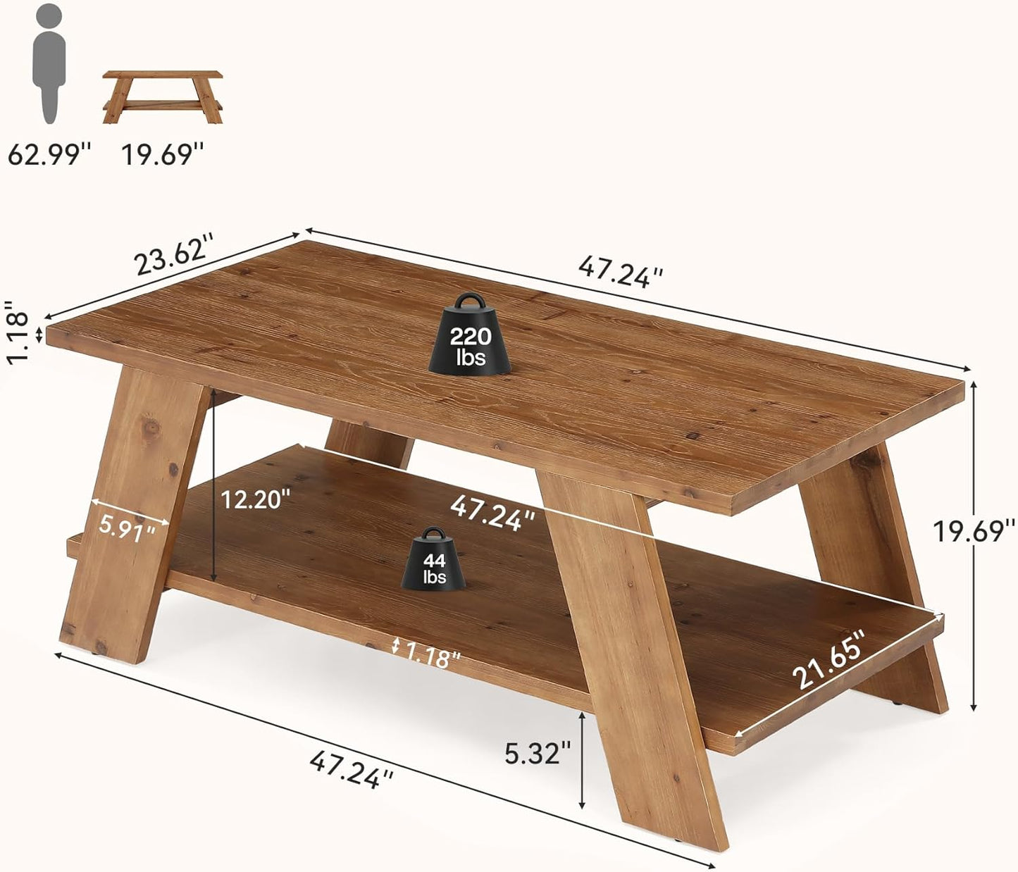 47-Inch Solid Wood Coffee Table for Living Room, 2-Tier Rectangle Center Table with Storage Shelf, Farmhouse Rustic Living Room Furniture, Brown