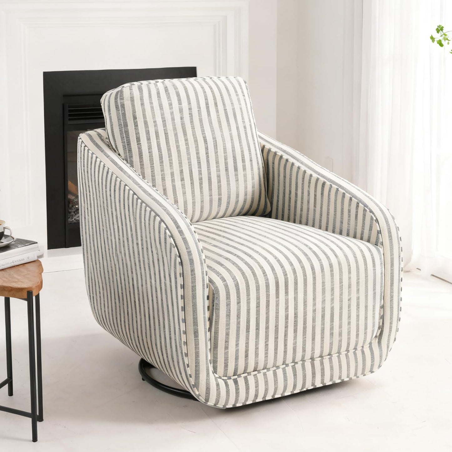 IOMOR Swivel Barrel Accent Chair, 360 Degree Comfy Swivel Reading Chair with Removable Back, Modern Sofa Chair with Oversize Base for Living Room, Bedroom, Office, Fully Assembled (1, Blue Stripe)