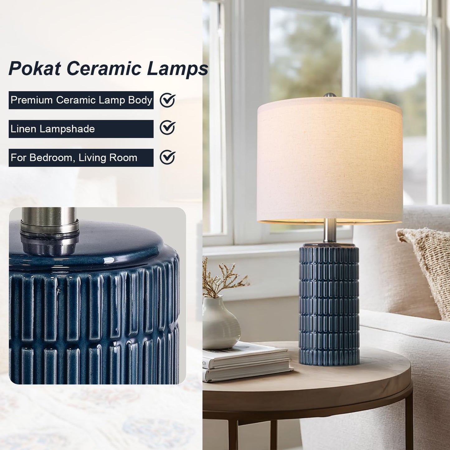 PoKat 20.75" Small Modern Ceramic Table Lamps Set of 2 for Bedroom, White Bedside Lamps for Night Stands, Farmhouse Desk Decor Gift Nightstand Table Lamps for Living Room End Table Beige